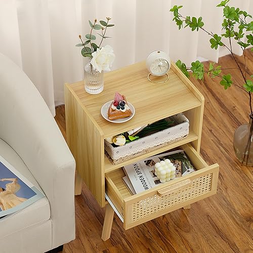 Miniatura 4 de Lerliuo Mesita de noche de ratán, mesita de noche bohemia con cajón de ratán natural hecho a mano y estante abierto, mesa auxiliar con decoración de