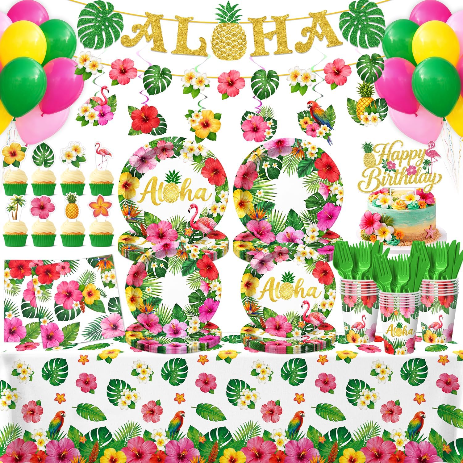 195 Pcs Hawaiian Luau Party Paper Plates Tableware Set (Serves 24), Hawaiian Birthday Decorations Include Banner Hanging Plates Napkins Forks Tablecloth Topper Balloons For Hibiscus Floral Party