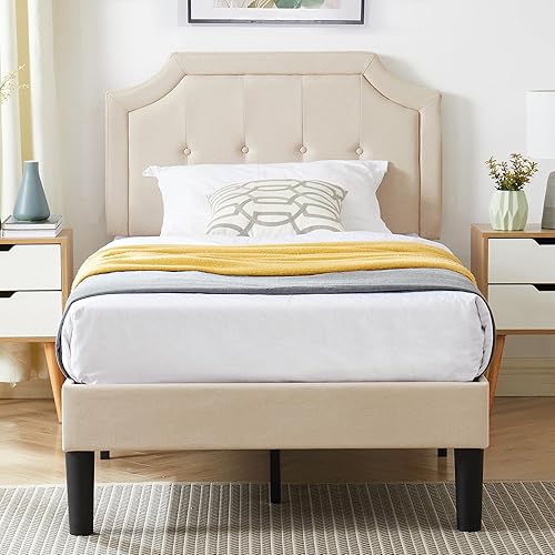 VECELO Base de cama de plataforma tapizada individual con cabecera de panel cosida con botón ajustable, soporte de listones de madera fuerte, diseño