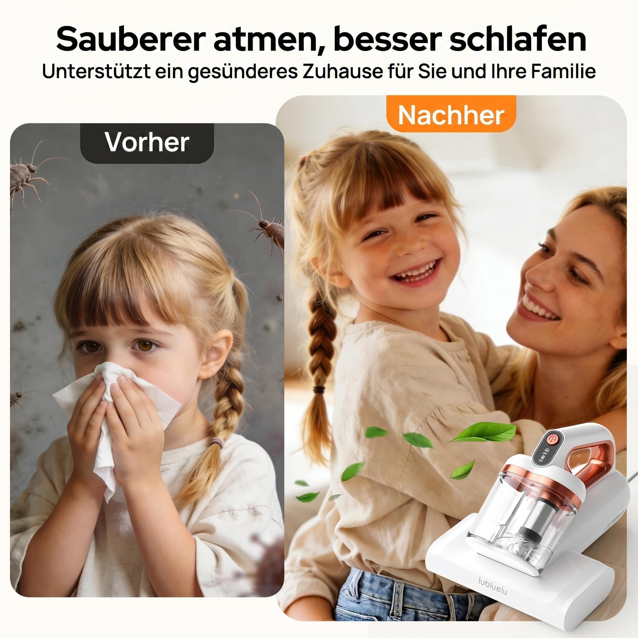 Lubluelu Milbensauger 3in1 für Matratzen, 20KPa Starke Saugleistung, UV-C-Licht, Matratzenreiniger gegen Milben, Staub und Allergene, Handstaubsauger für Bett, Sofa, Polster und Textilien