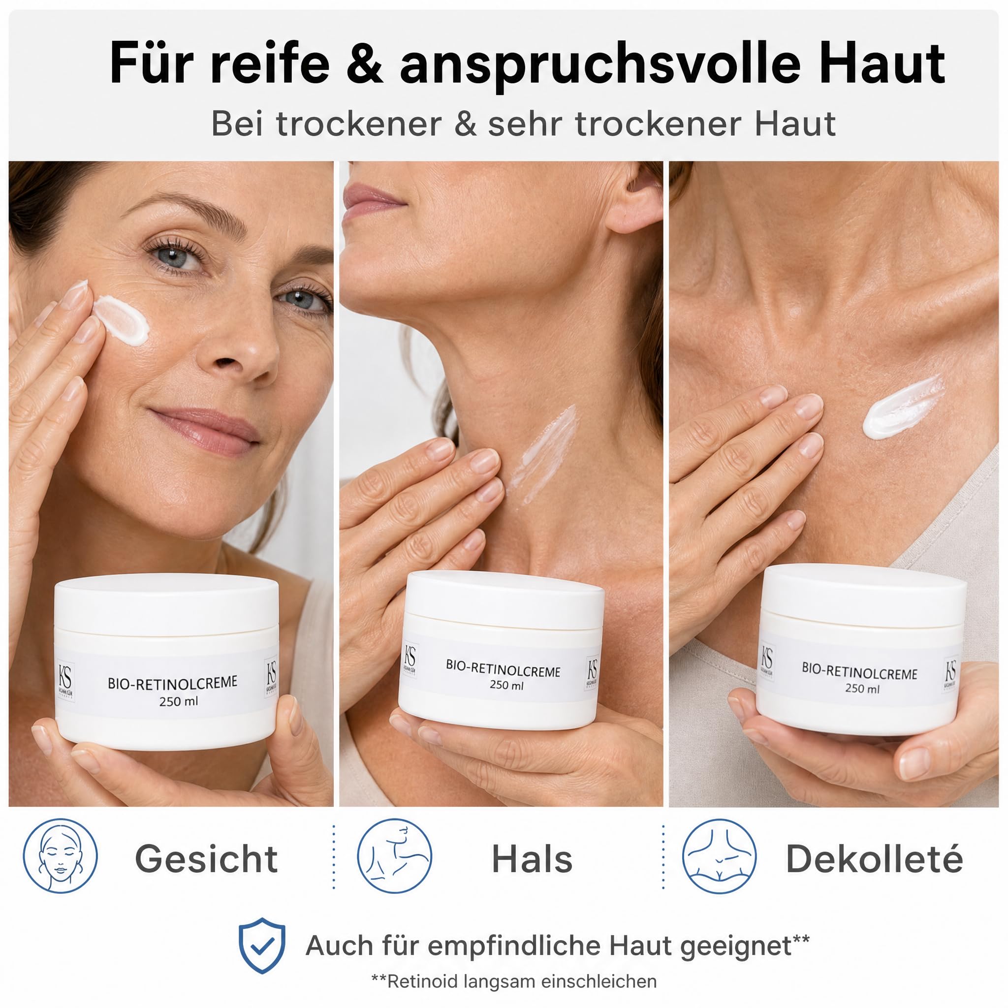 KS Beauty Bio Retinol Creme Nachtcreme, 250 ml, Anti-Aging | Reichhaltige Nachtpflege mit Retinyl Acetate, Niacinamid & Q10 – für Gesicht, Hals und Dekolleté