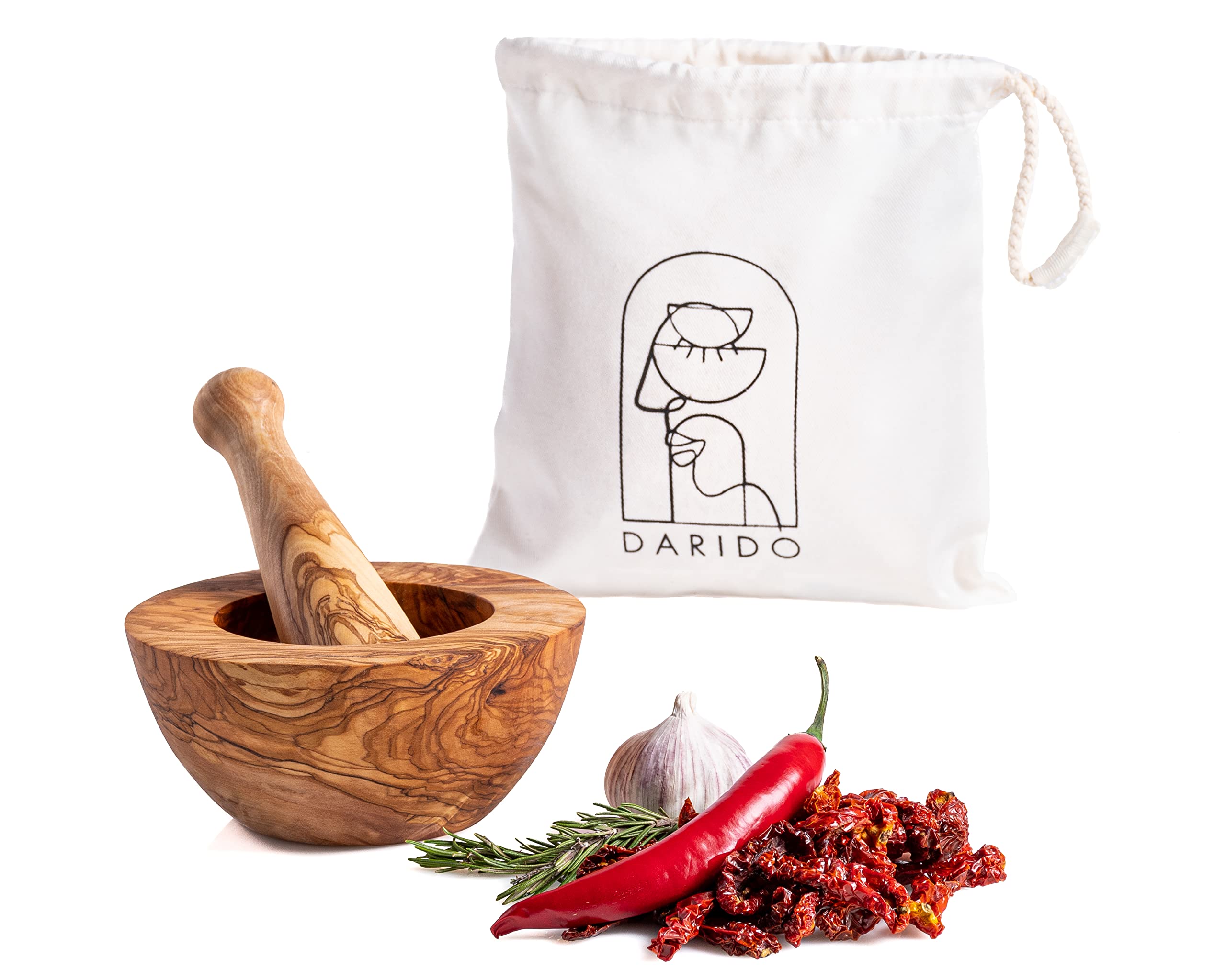 Set Mortaio con Pestello Legno d'Ulivo Naturale, Fatto a Mano 12x11 cm, Elementi Essenziali per la Cucina, Macina Spezie in Legno di Olivo, Nut Grinder Bowl - Regalo Ideale