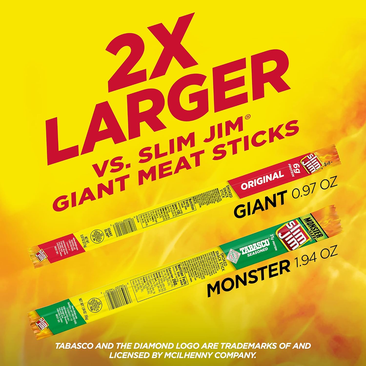 Slim Jim Monster Smoked Meat Sticks, Tabasco Flavor, High Protein, 1.94 oz. (18 Count)