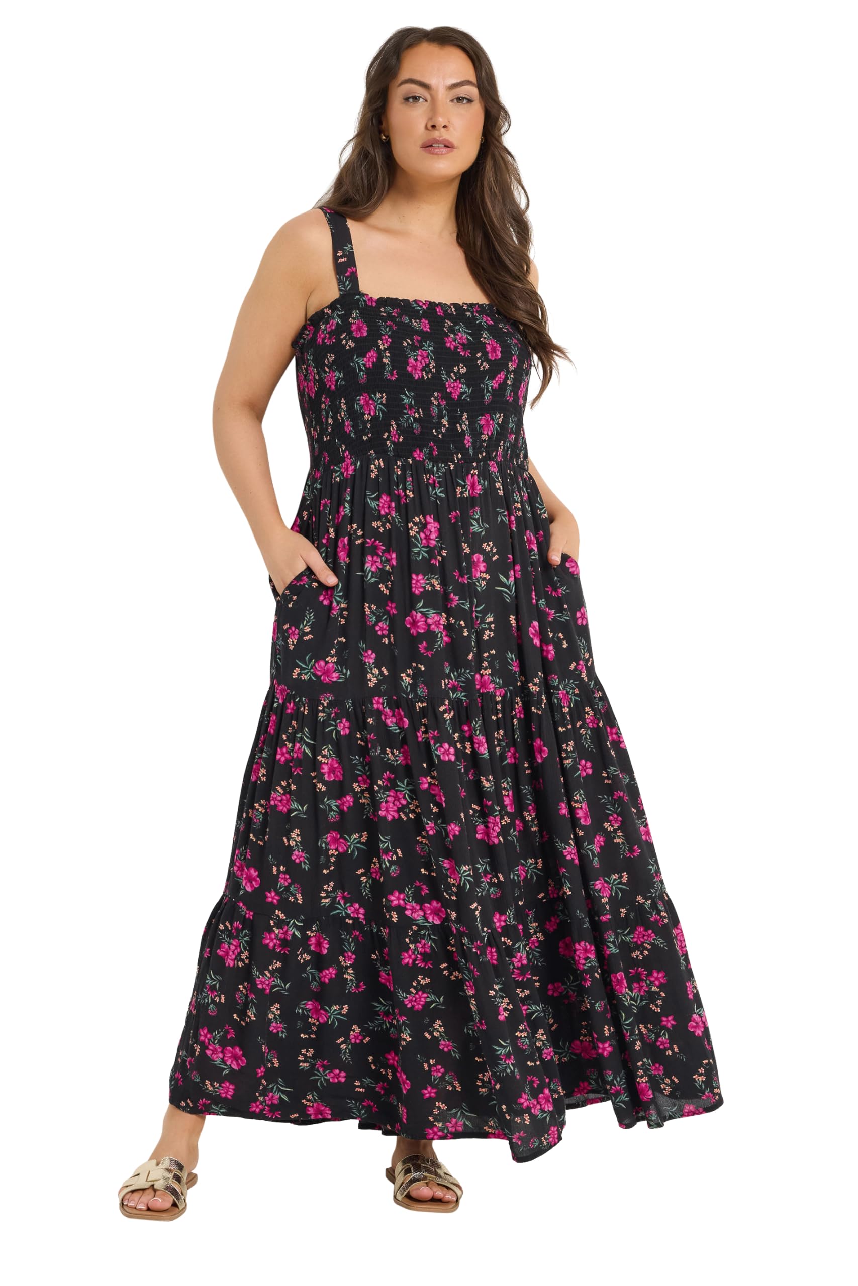 Yours Women's Black Floral Shirred Dress In | Size: 16