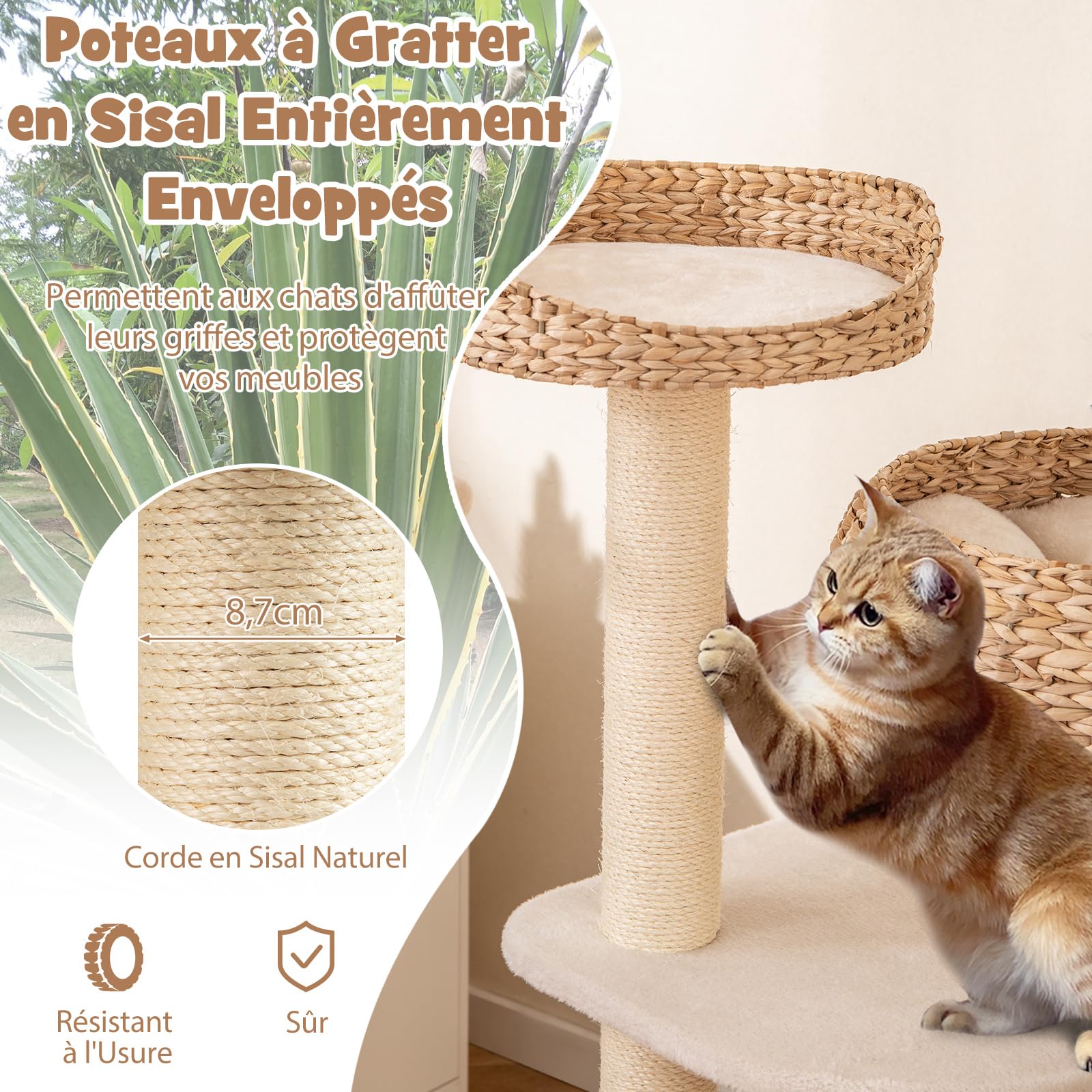 COSTWAY Arbre a Chat XXL 104 cm, Arbre a Chat Bois, 3 Poteaux à Griffer en Sisal,Tour pour Chaton 3 Plateformes, Panier, Pompon, Corde à Griffer (104 cm,Beige)