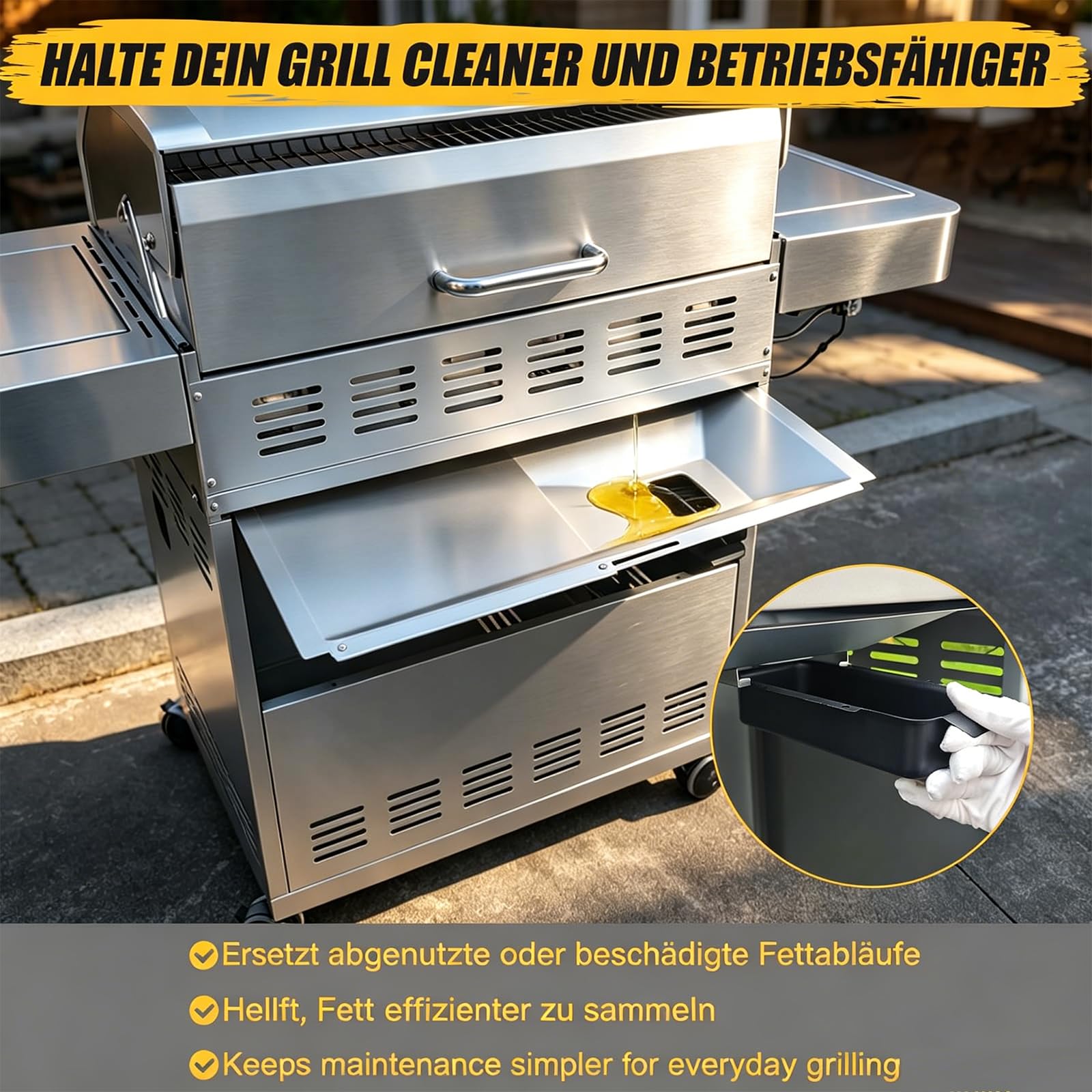 GFTIME Universal Fettwanne mit Auffangwanne 60cm bis 80cm, Verstellbar Tropfpfanne für 3/4/5 Brenner Gasgrill von Charbroil, Dyna Glo, Nexgrill, Kenmore, Uniflame und mehr, Fettauffangschale