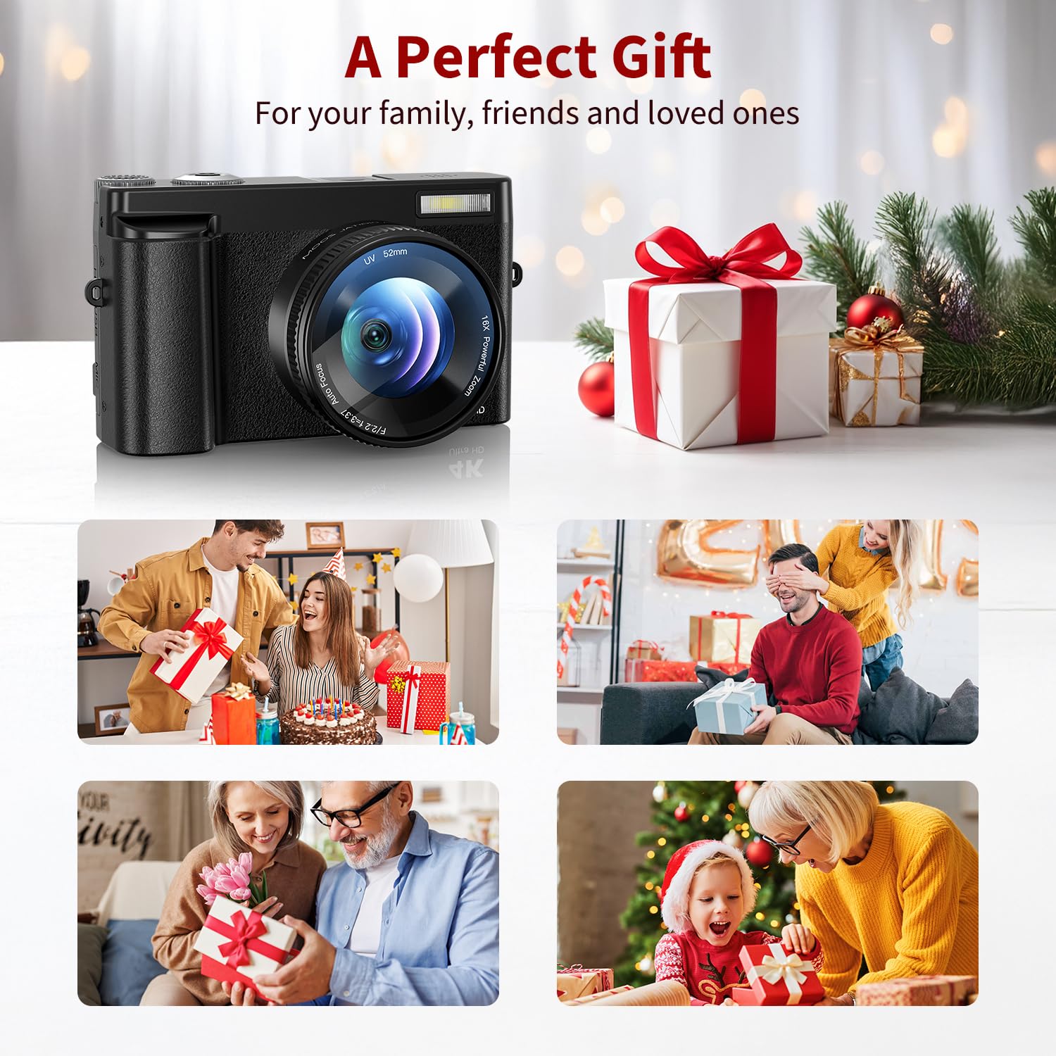 CAMKORY Fotocamera digitale 4K, 48 MP fotocamera compatta autofocus con schermo flip a 180°,16 X Digital Zoom fotocamera compatta con scheda da 32 GB,2 batterie per principianti