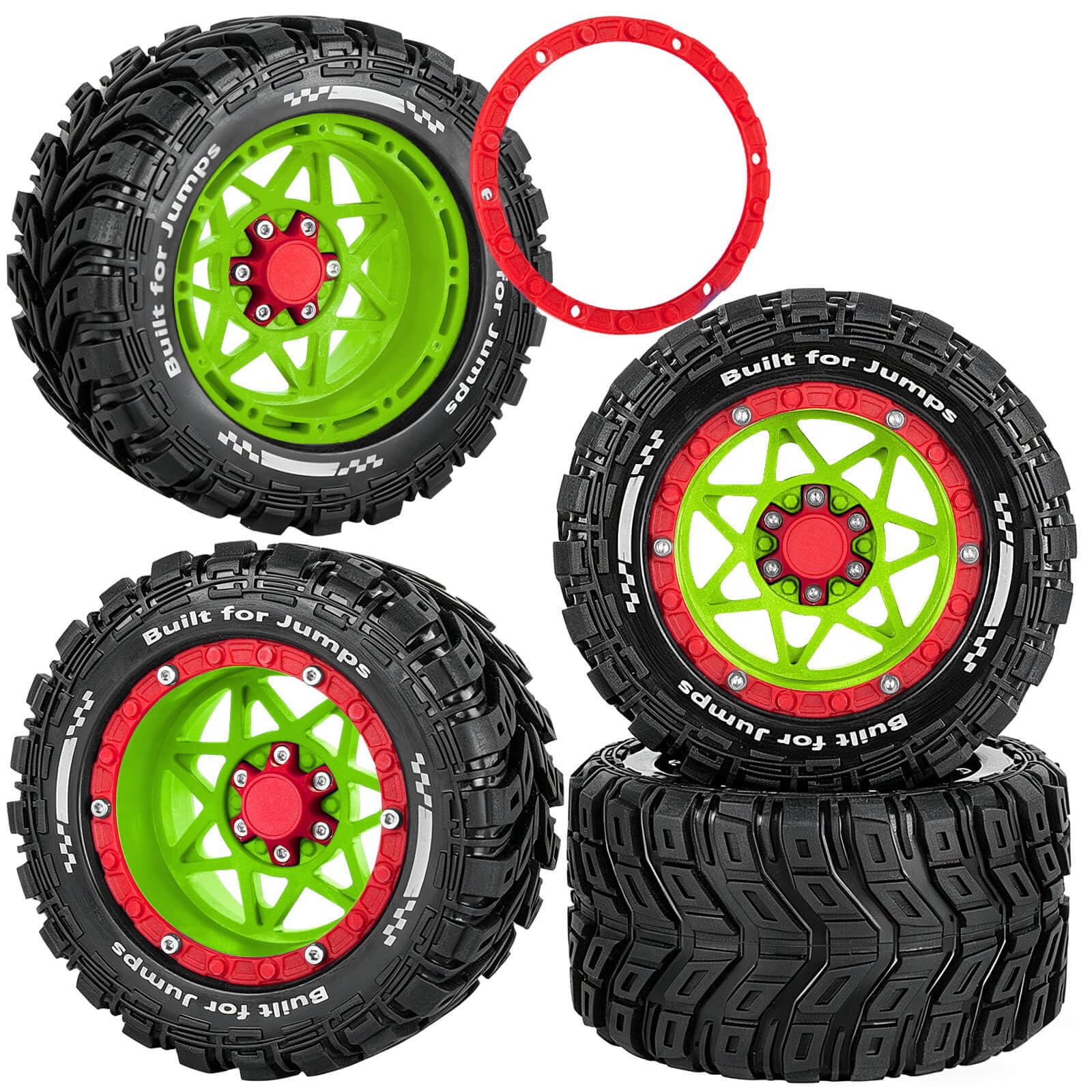 RCMYou RC Truck Wheel and Tires for 1/16 Summit E-REVO Gorgon GROM MINI KRATON M-J-X H-B-X S-C-Y RC Car,Monster Truck Car Wheel Tires w/Plastic Wheels Rim,Soft Tire Highway Wheels (4PCS),Green Red