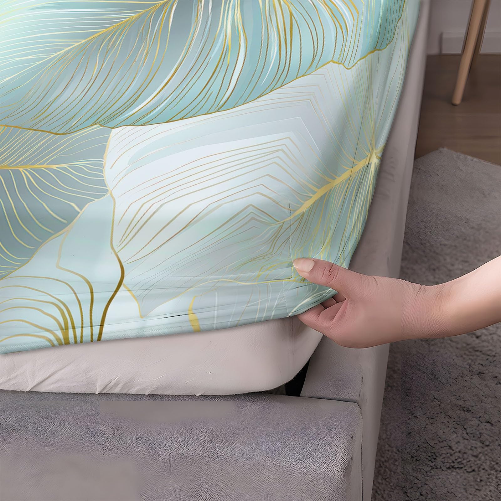 Sábana bajera de microfibra suave, 180 x 200 cm, hojas de Monstera Aux Luxueuses Línes Doradas, funda de colchón transpirable, antideslizante, con 2 fundas de almohada, gran gorro de 30 cm, color