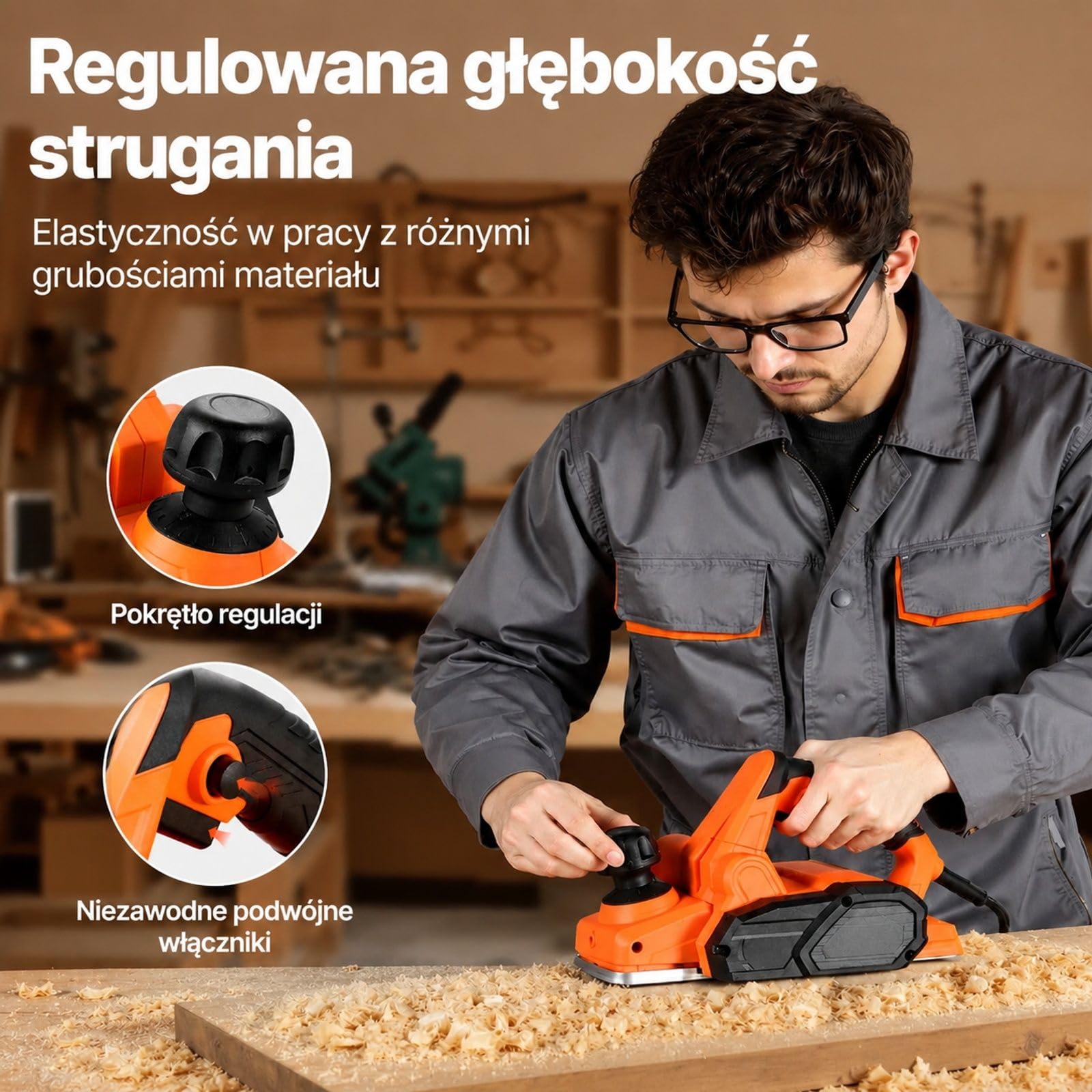 Strug elektryczny do drewna 650 W 16800 obr/min, regulowana głębokość, 2 ostrza, obróbka, fazowanie, projekty DIY