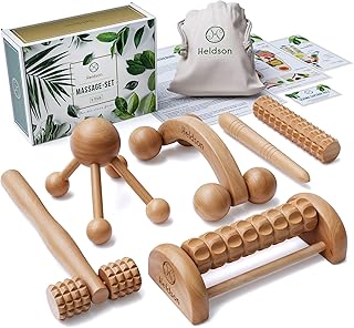 HELDSON® Lot de 6 massages en bois de qualité supérieure - Avec instructions en allemand et cartes recto-verso et sac en coton - Rouleau de massage pour les pieds