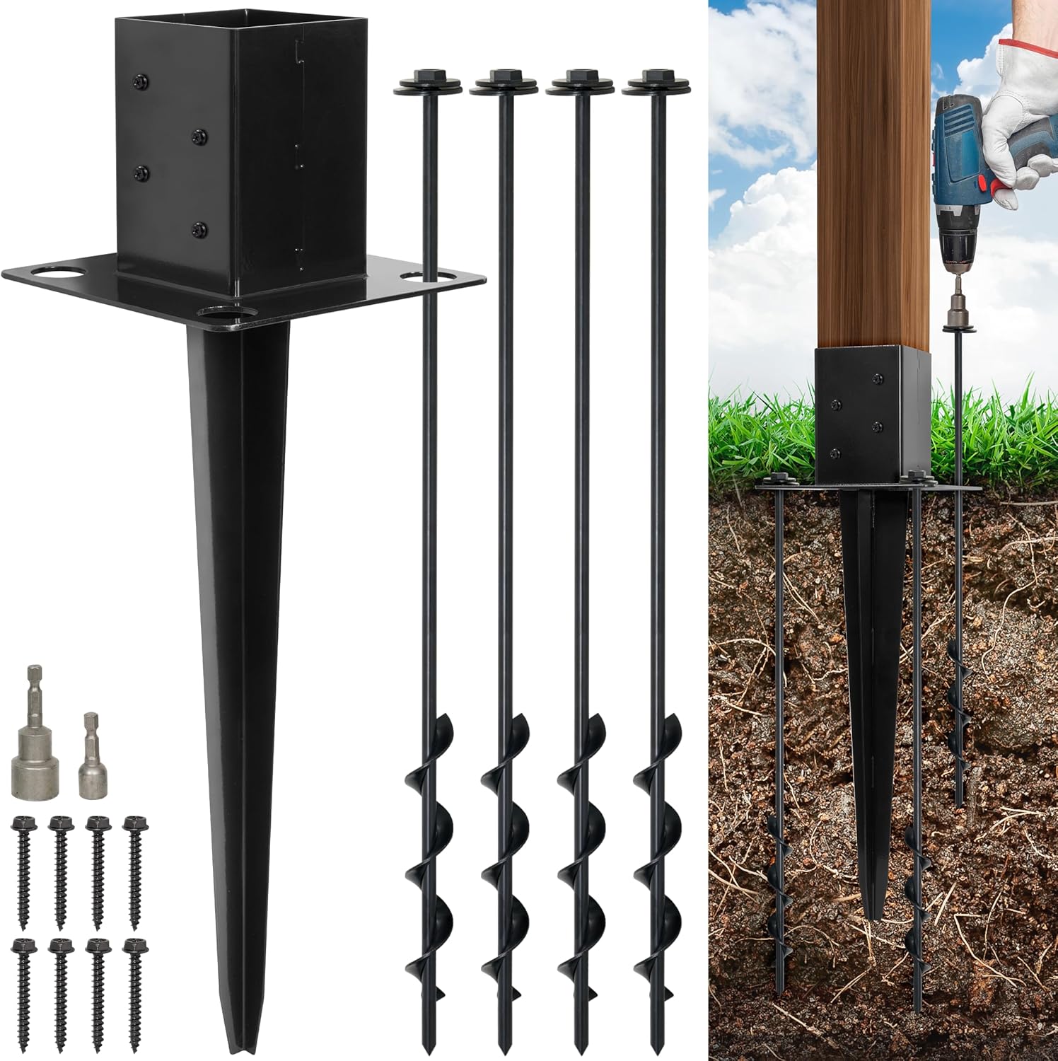 4x4 Fence Post Anchor Ground Spike 24” Length with Ground Anchors Screw in - Metal Black Powder Coated – Mailbox Post Anchors – Fit 3.5x3.5 Standard (Black - 1 Pc)