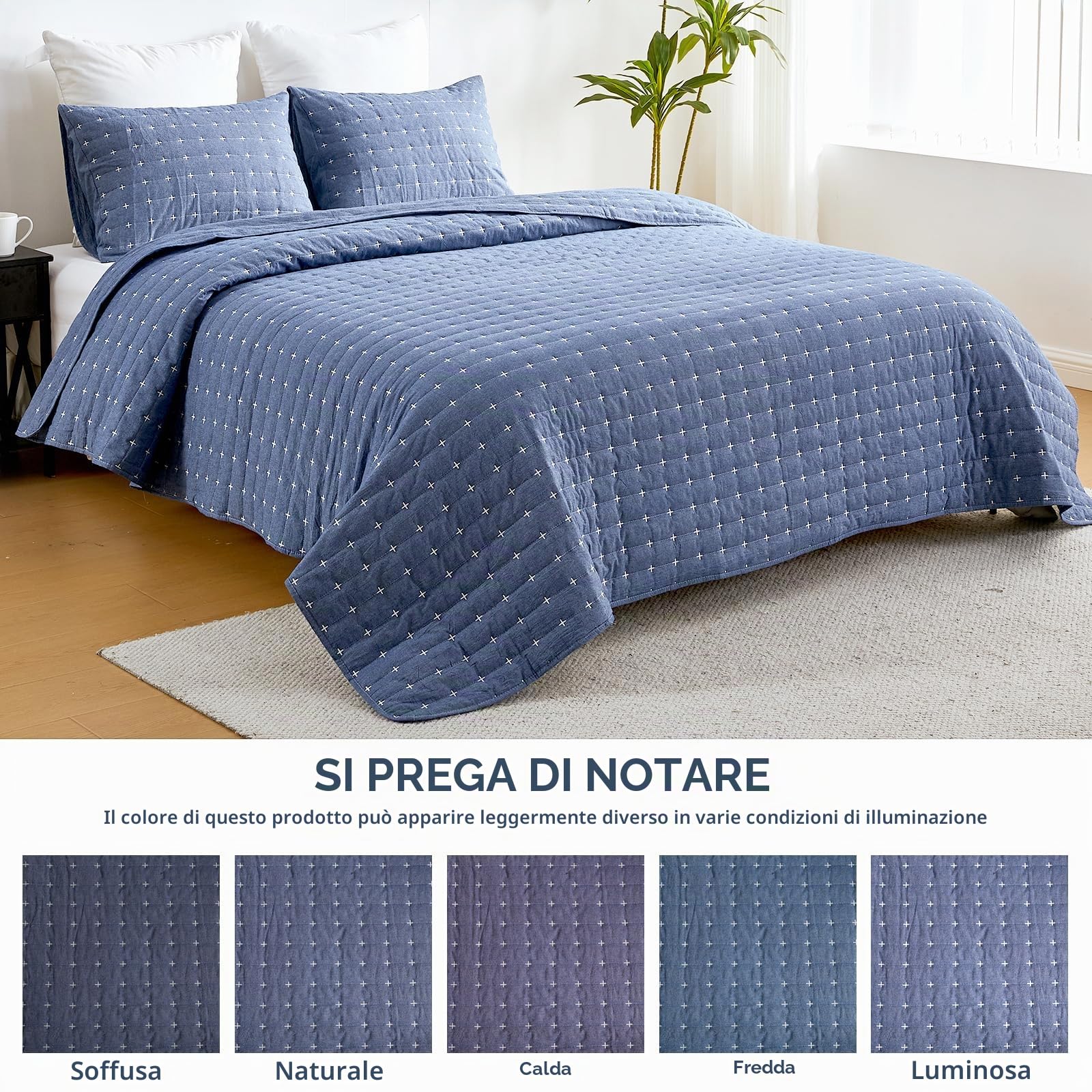 Qucover Copriletto Matrimoniale 240x260cm, Trapuntato Morbido e Confortevole, in Cotone Lavato, 3 Pezzi con Motivo a Punto Croce Moderno, Estivo Trapuntato con Federe Blu