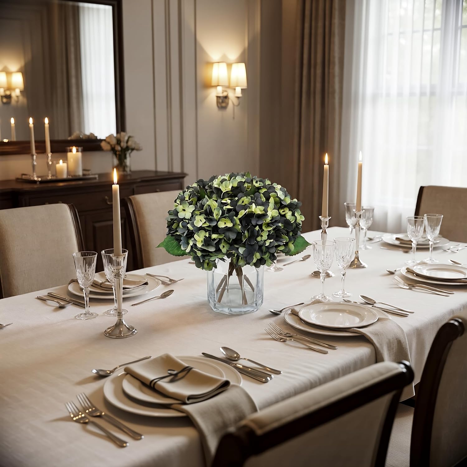 5Pcs Artificial Fake Flowers Plants Silk Hydrangea 1 Flower Head Arrangements Wedding Bouquets Decorations Plastic Floral Table Centerpieces Home Kitchen Garden (Bluish Green) - Image 3