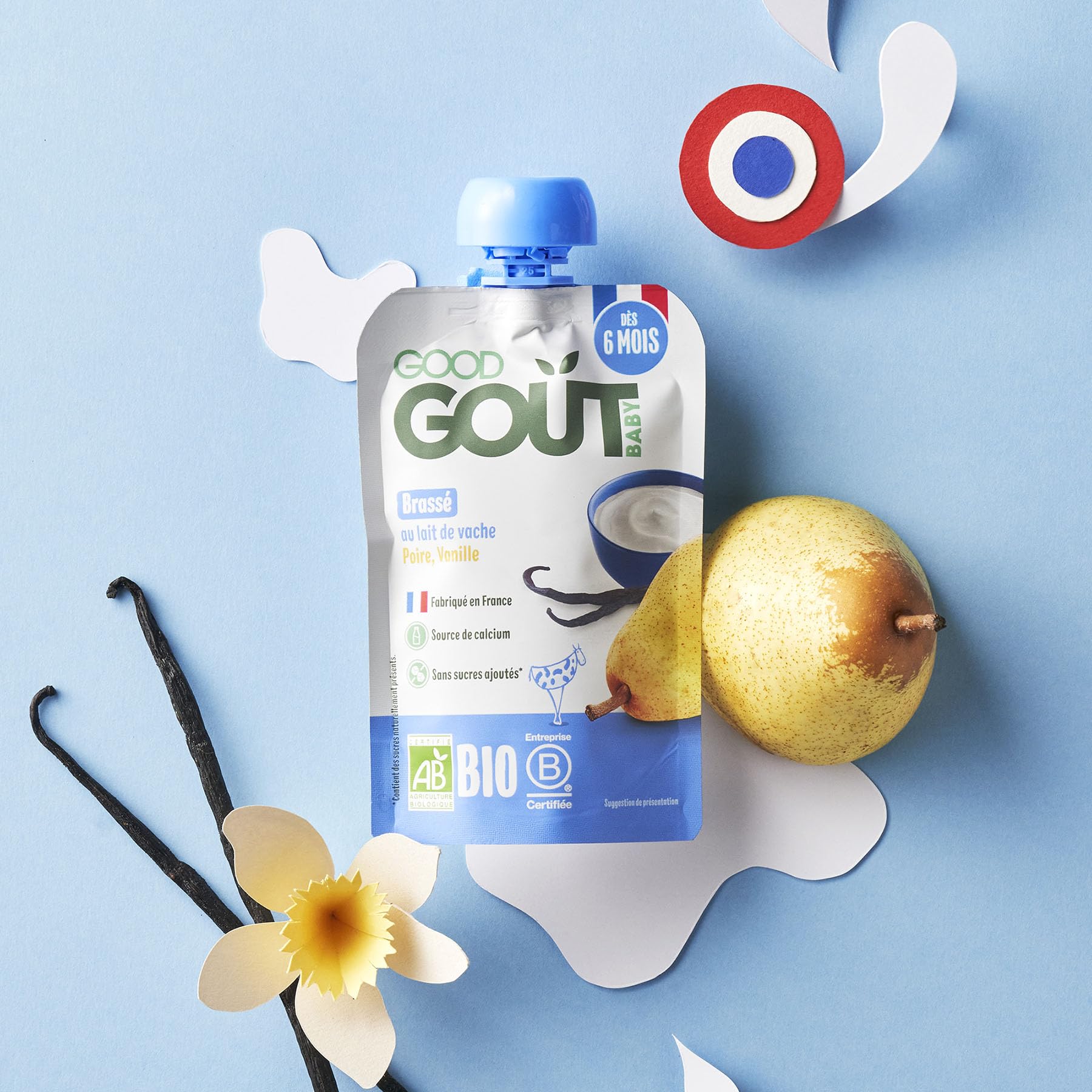 GOOD GOÛT Brassé Au Lait De Vache Dessert Bébé Dès 6 Mois Poire Vanille Sans Sucres Ajoutés Format Nomade 10x90g