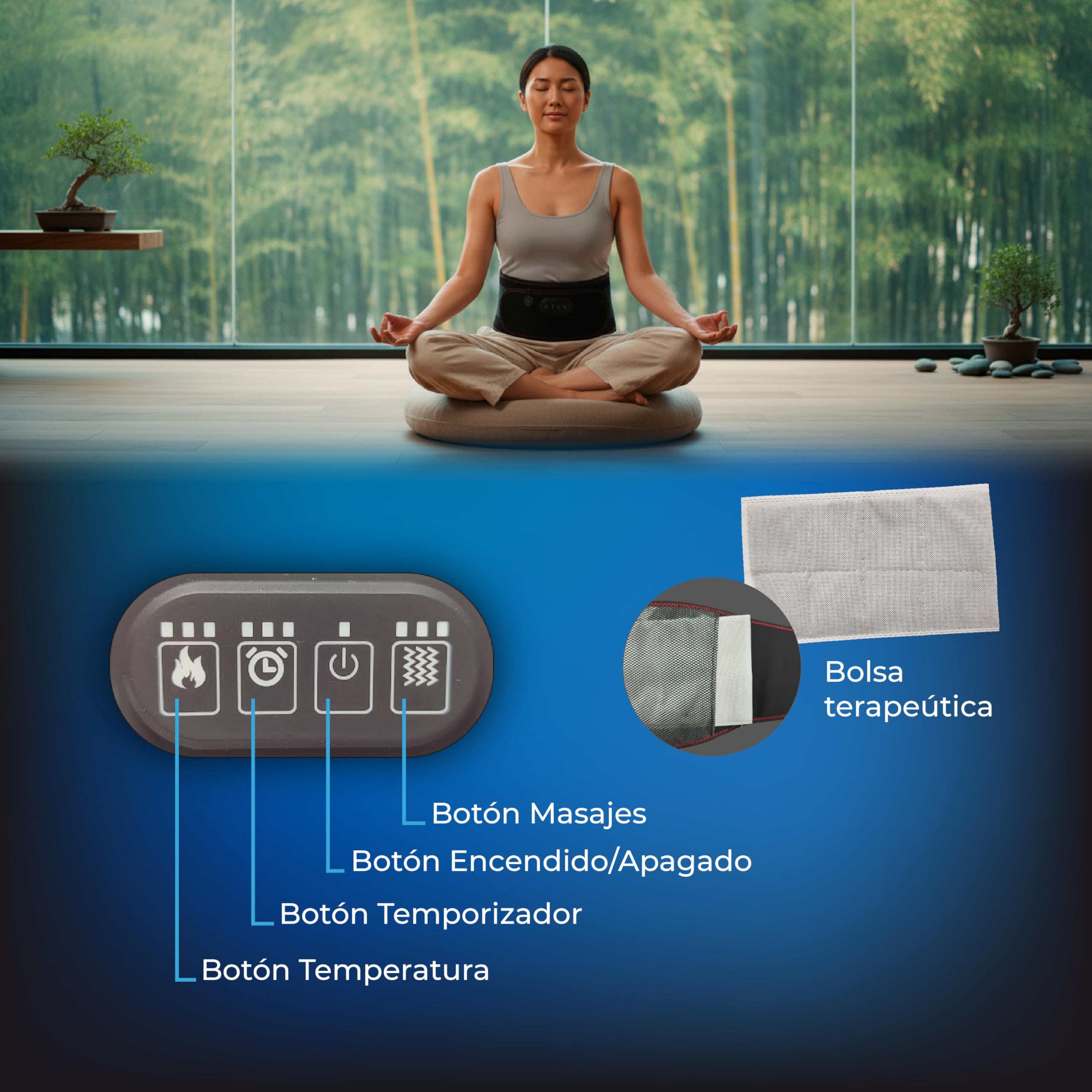 LED ATOMANT Almohadilla Electrica Lumbar con Masaje Inalambrica, Faja Termica para Espalda, Cintura y Abdomen, 3 Niveles de Calor, Temporizador, Bateria 5000mAh, Transpirable, 110x22cm