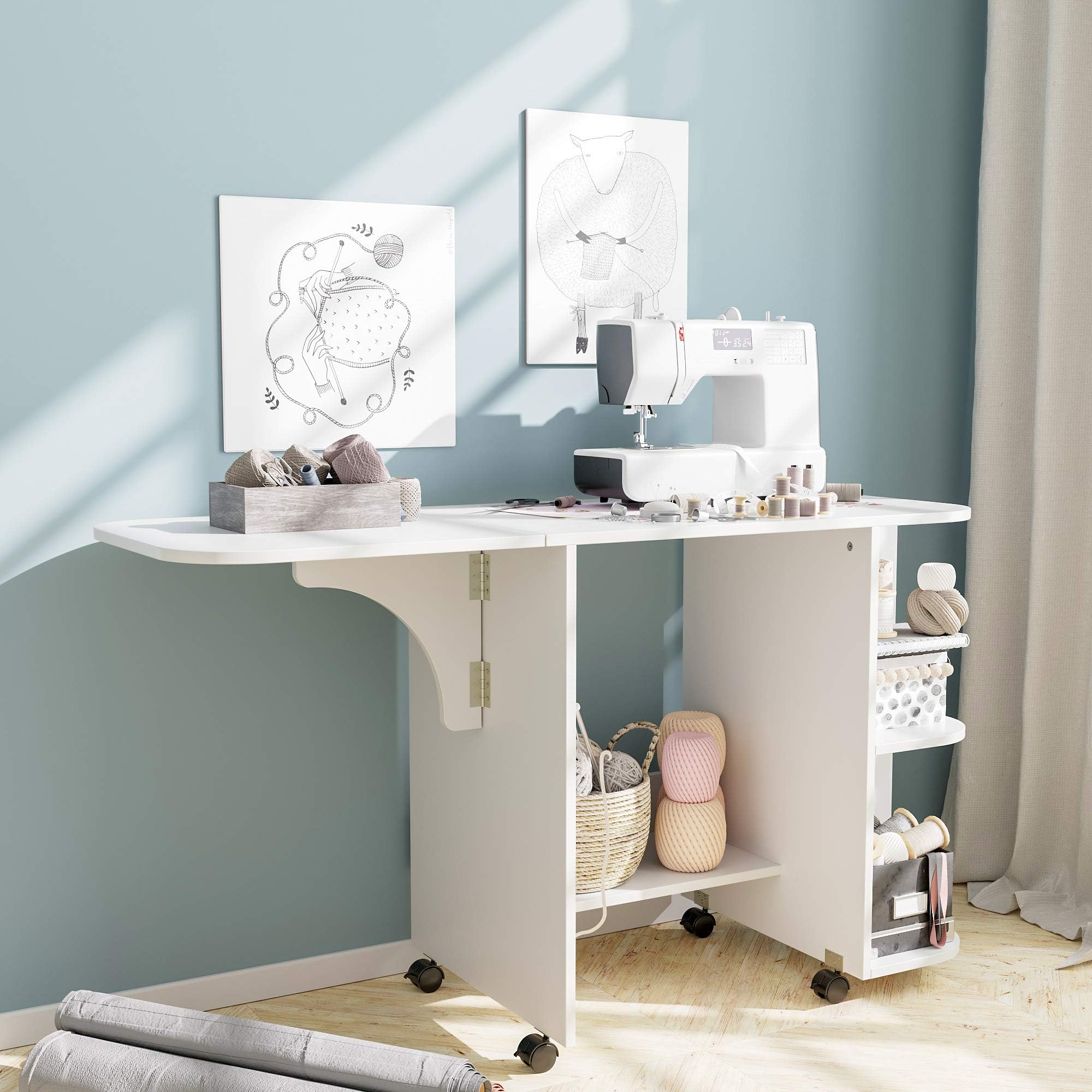 Bear With MeModern Wood Folding Sewing Table with Lockable Casters, Expanded Rolling Craft Cabinet for Dorm Bedroom, Artwork Craft Station w 3 Storage Shelves, White