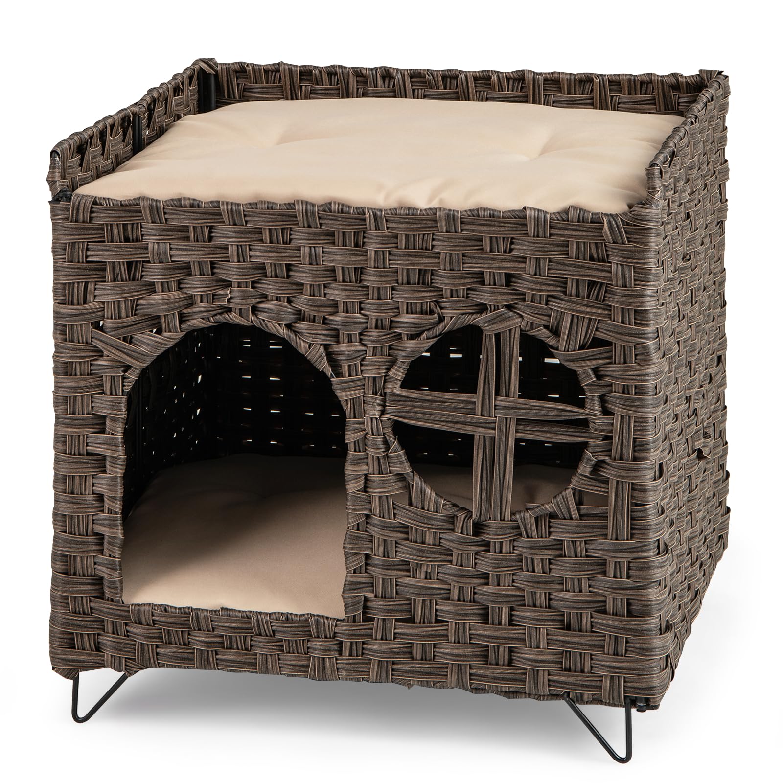 GYMAX Foldable Wicker Cat House, Rattan Elevated Kitten Condo with Washable Soft Cushion and Top Perch, Indoor Pet Furniture Side Table for Living Room Bedroom