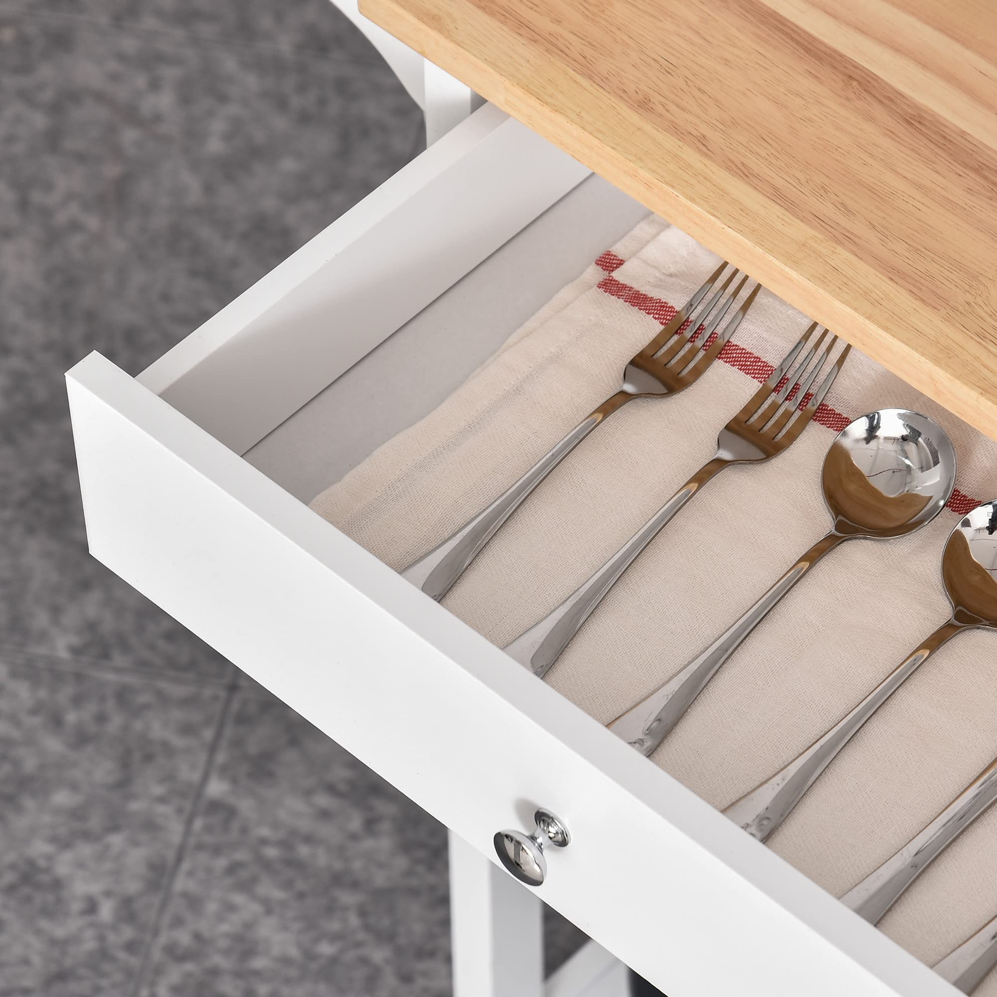 HOMCOM Carrello da Cucina Salvaspazio in MDF con Piano di Lavoro in Legno di Gomma, Cassetto, Armadietto, 3 Mensole, Ripiani Regolabili, Porta Strofinacci e Ruote Girevole, 66x39.5x86.5cm, Bianco