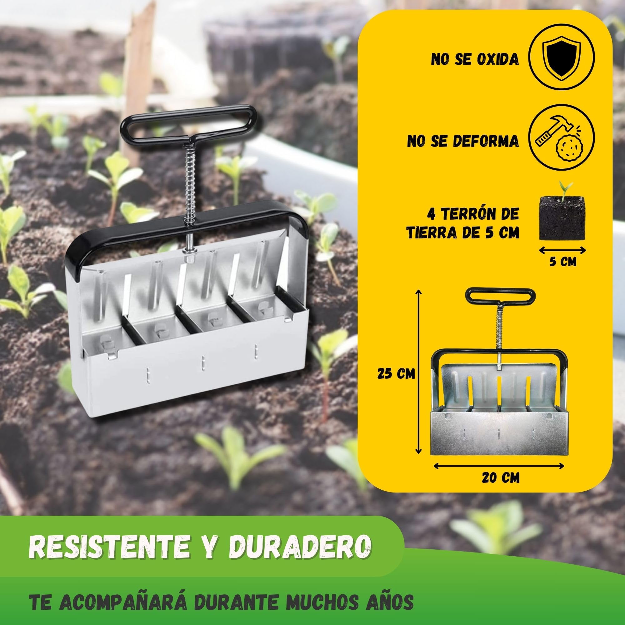 Jarden® Bloqueador de Suelo Manual Profesional – 4 Bloques de 5x5 cm – Prensador de Terrones de Acero Inoxidable para Semilleros, Siembra y Esquejes