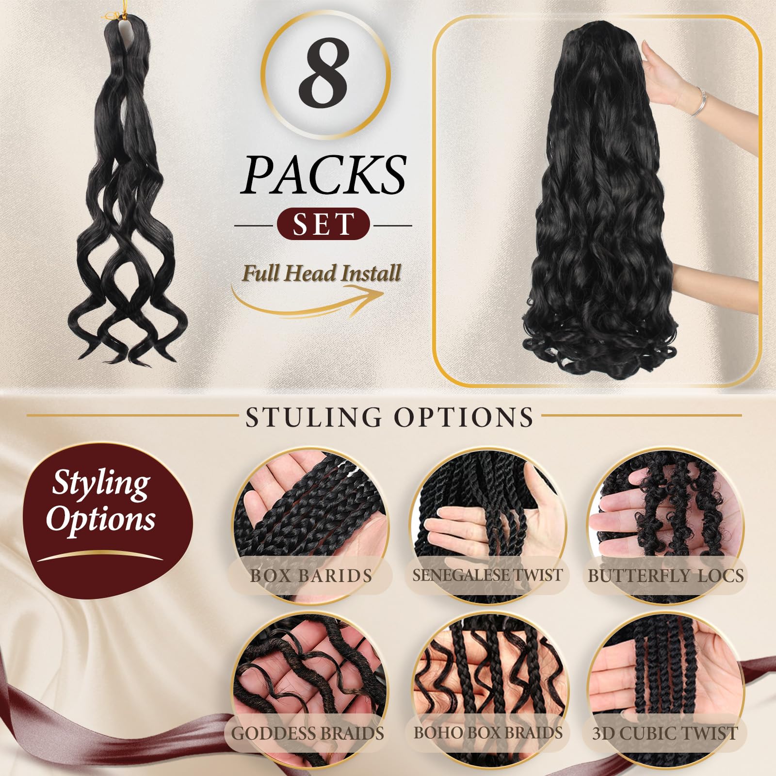 French Curl Braiding Hair 8 Packs 24 Inch Pre Stretched French Curl Braids Loose Wavy Spanish Curly Hair Ends Synthetic Crochet Braids Hair Extensions for Women (8 Packs, 24 Inch, 1B#)