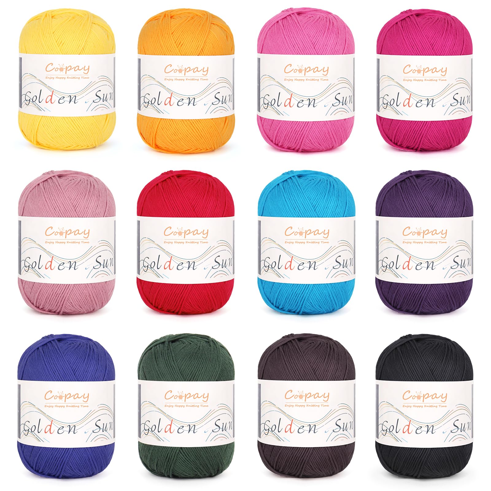 Coopay 12×45g 100% Cotton Yarn for Crochet, Soft Cotton Yarn for Crocheting & Knitting, Multicoloured 8ply Cotton DK Yarn, Double Knitting Crochet Yarn Set for Clothes, Blankets, Socks, Bags(Color B)