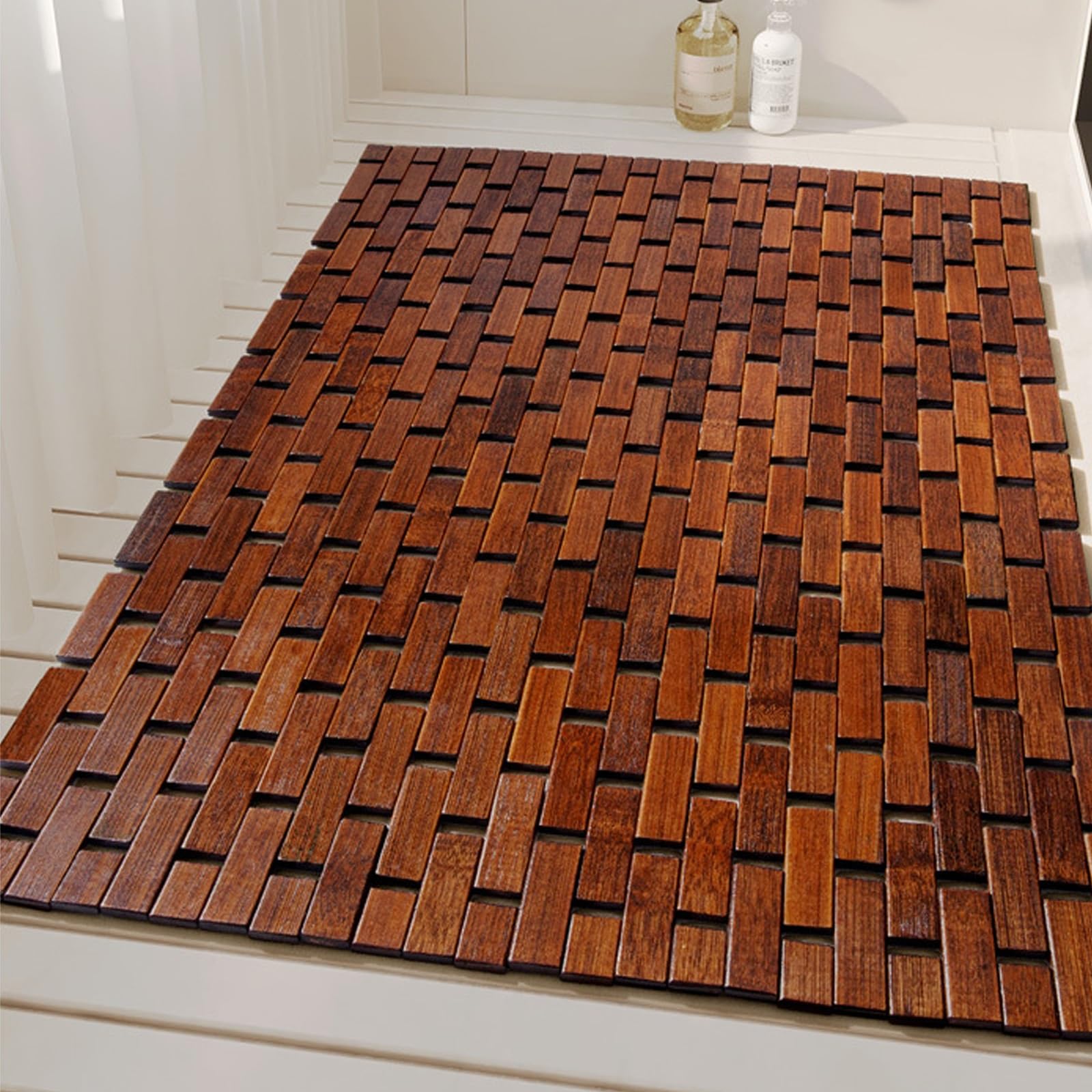 Badematte Bambus 40×60 cm Faltbare Duschmatte Holz Duschvorleger rutschfest Badezimmermatte Groß Dusche Rutschmatte Rechteckig(Natural,40x60cm)