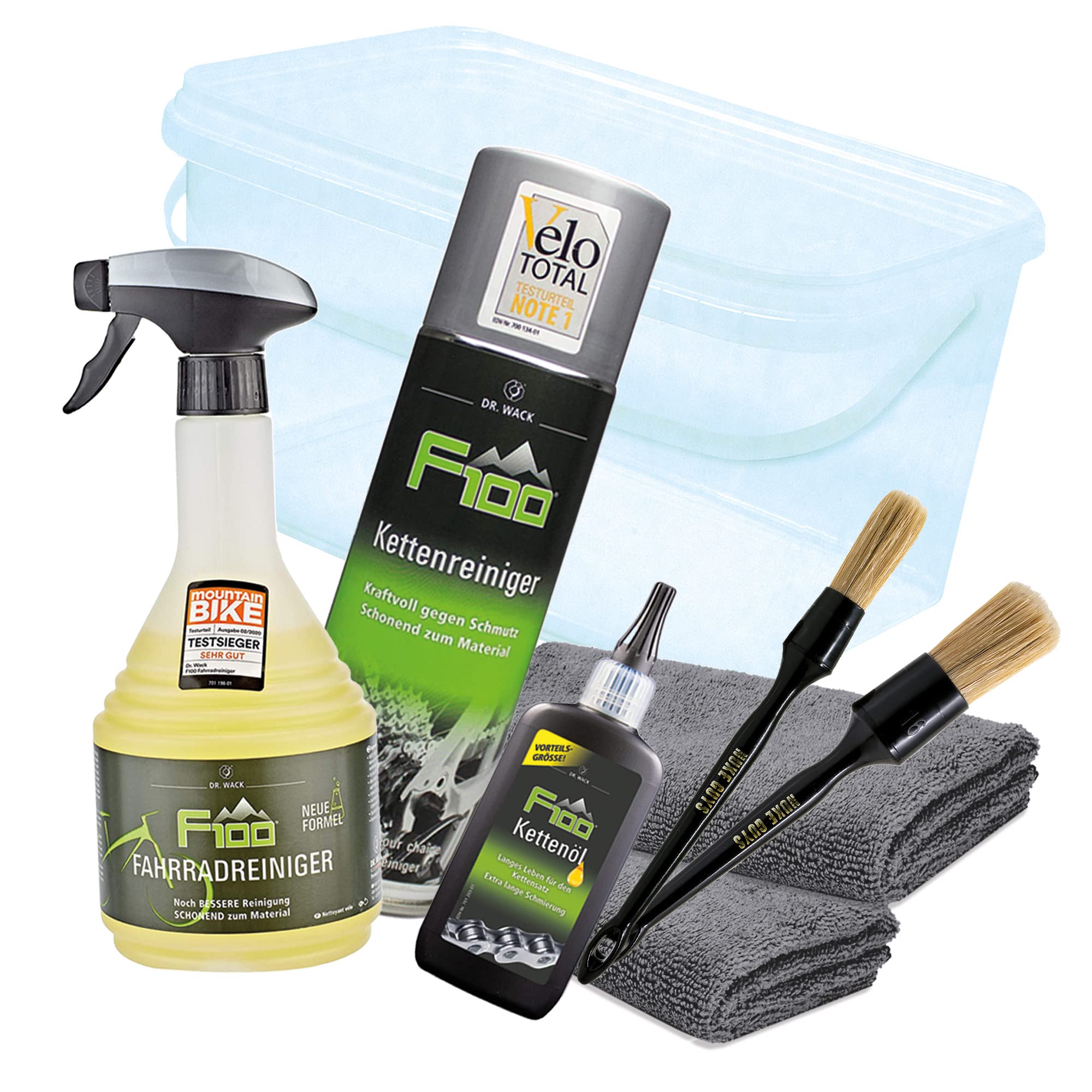 Dr. Wack F100 Nettoyant pour vélo 750ml, nettoyant pour chaîne 300ml, huile de chaîne 100ml, seau de lavage env. 6L + 2 pinceaux Nuke Guys S/L + 2 detailmate chiffons microfibre – Pour tous les vélos