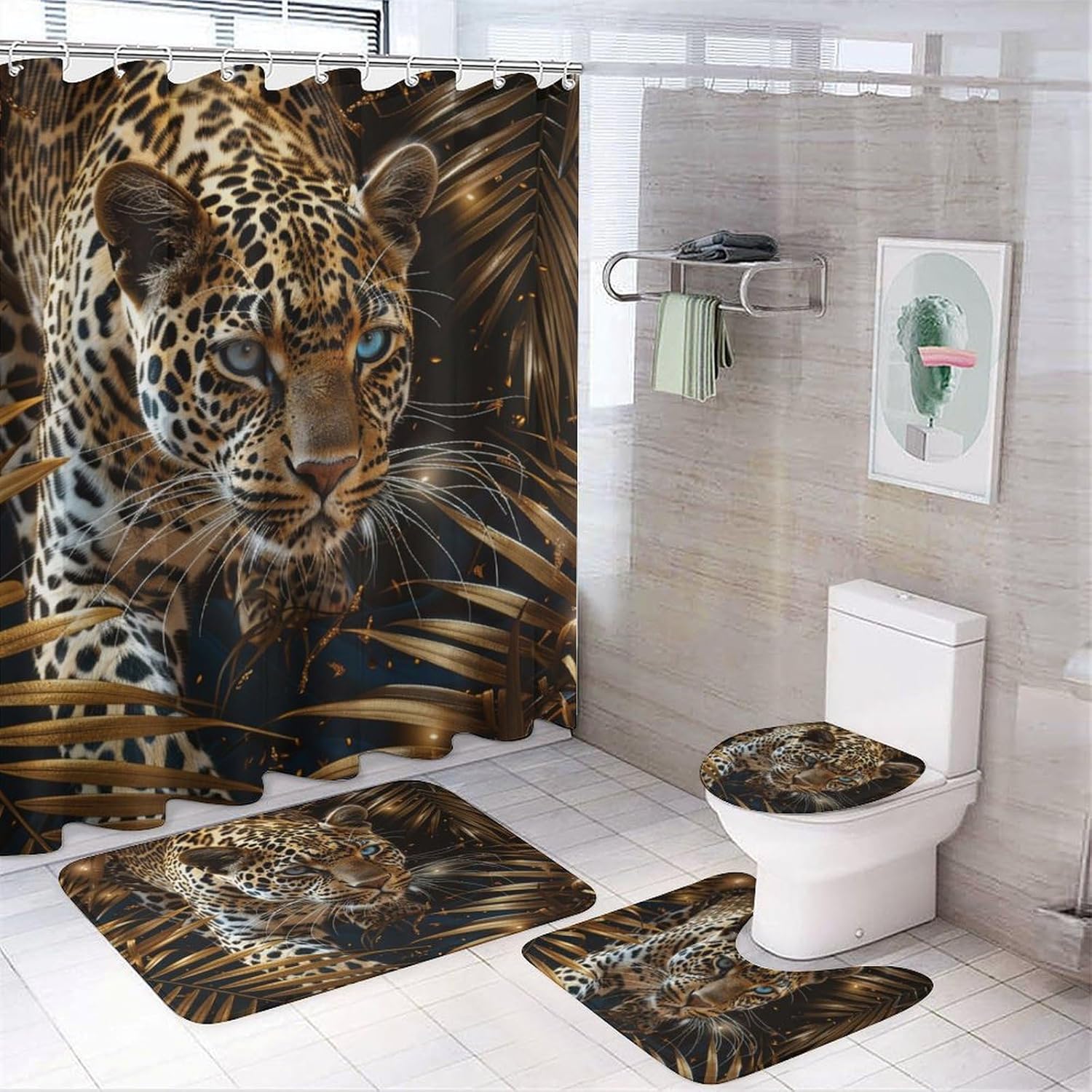 4Pcs Majestic Leopard Plant Shower Curtain, Golden Leaves Leaf Animal Shower Curtain Sets with Toilet Lid Cover, U-Shaped Mat and Non-Slip Rugs, Bathroom Decor Set, 72" x 72"