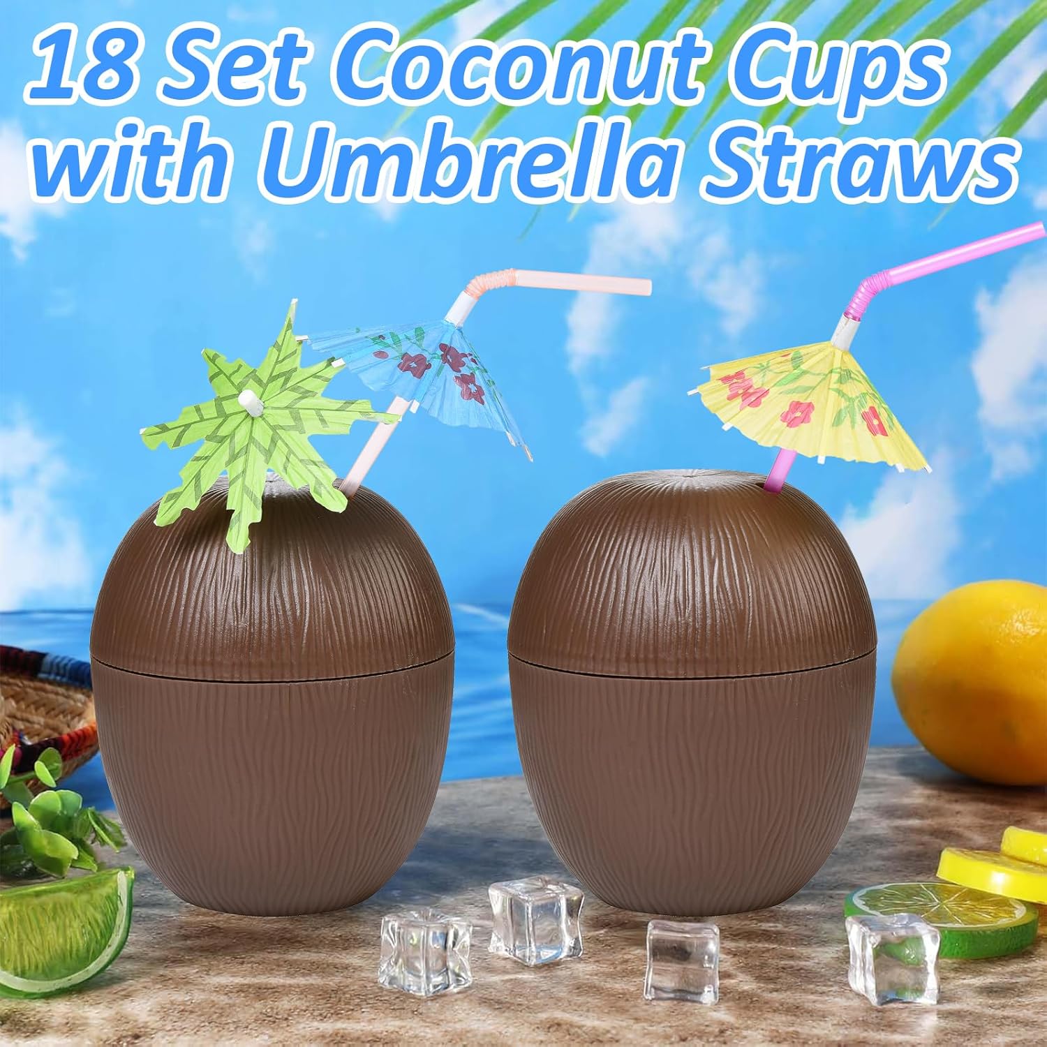 Haundry 18 Coconut Cups with 18 Straws, 18 Cocktail Drink Picks, Hawaiian Luau Tiki and Beach Theme Party Decorations for Kids and Adults