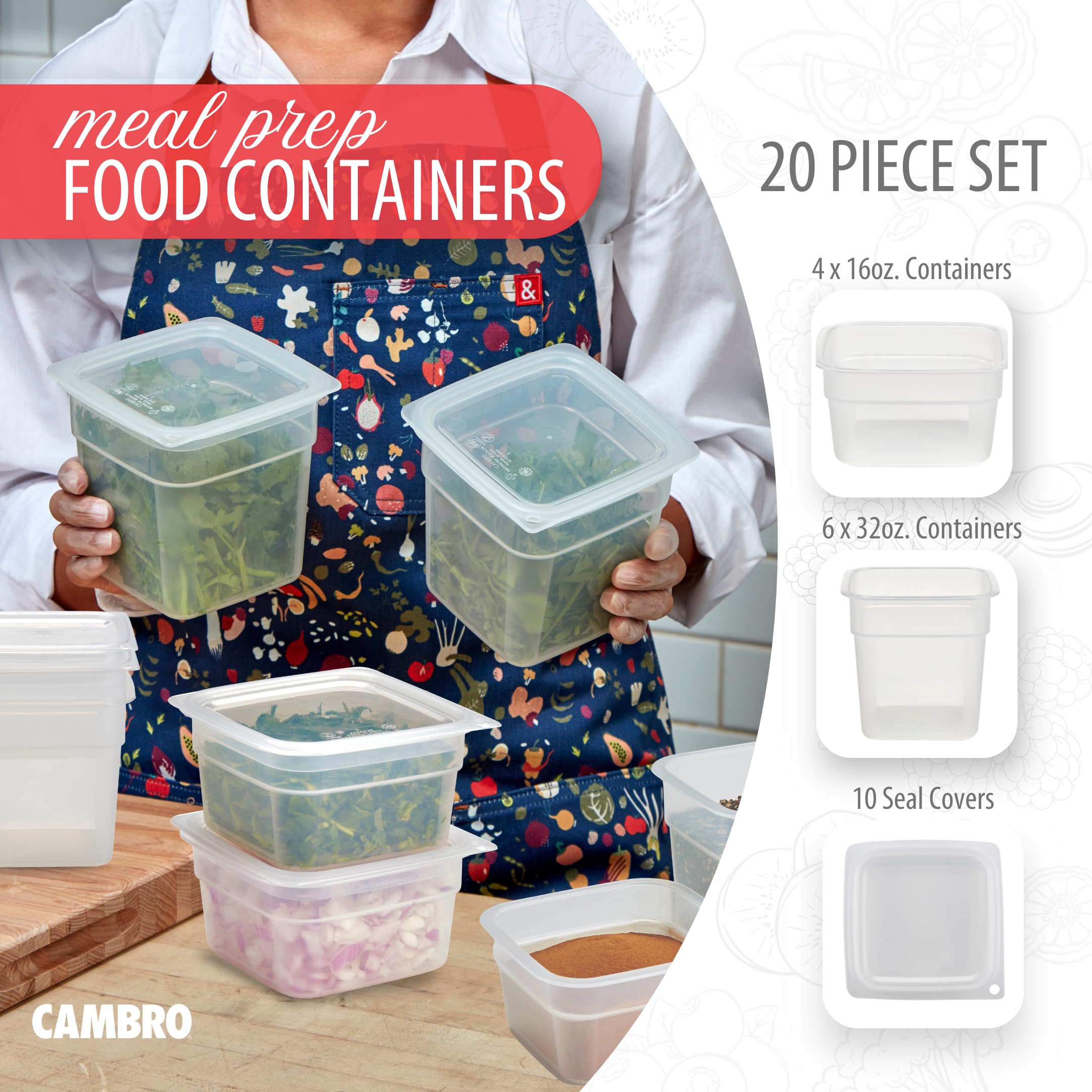 Cambro Contenedores de almacenamiento de alimentos con tapas (sin BPA y translúcidos) – Contenedor de almacenamiento de alimentos de 16 y 32 onzas (onzas) (juego de 20 piezas)