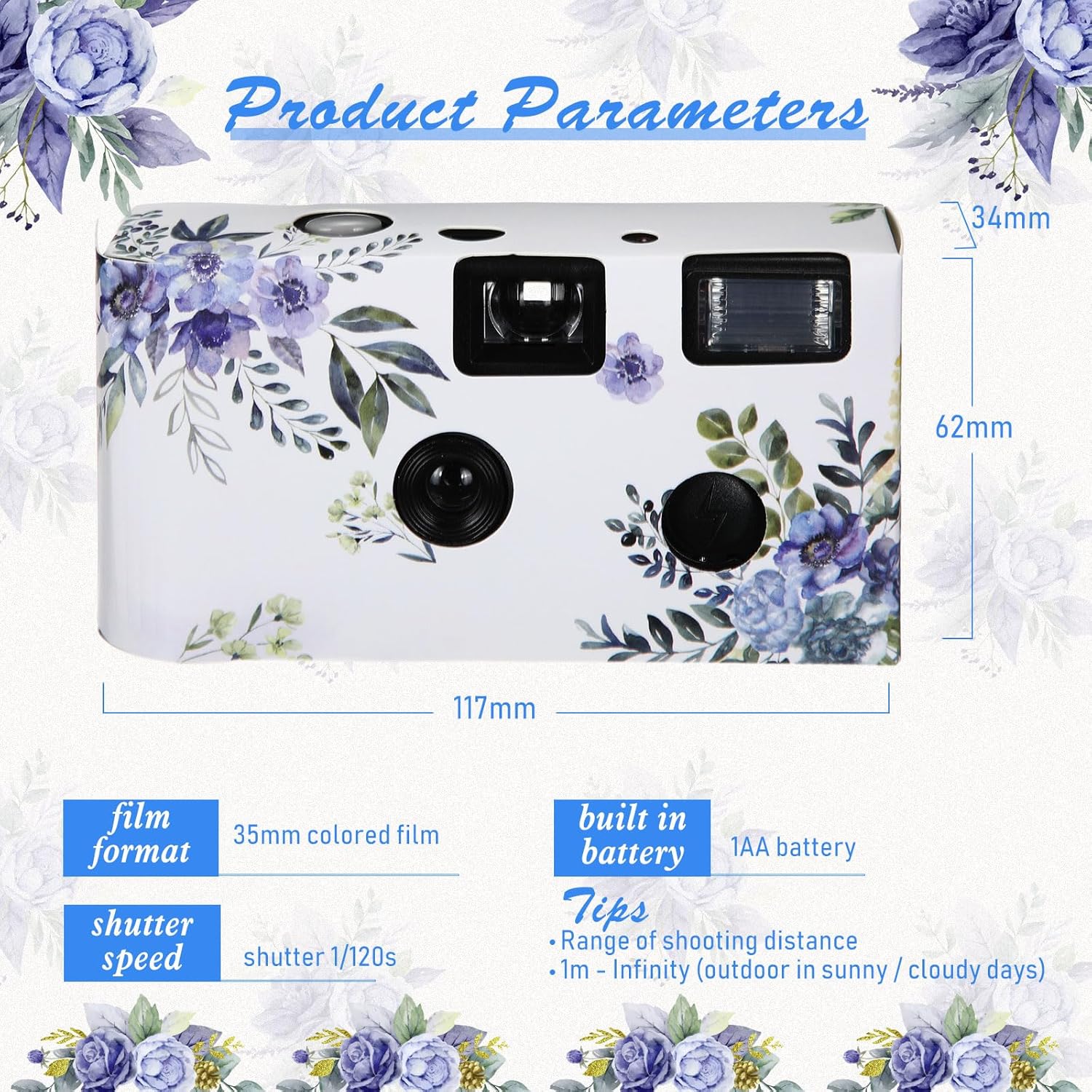Kanayu 10 Pack Disposable Camera for Wedding Floral 35mm Single Use Film Camera with Flash One Time Use Camera for Anniversary Concert Travel Camp Party Supply Gift Honeymoon(Blue Poppy)