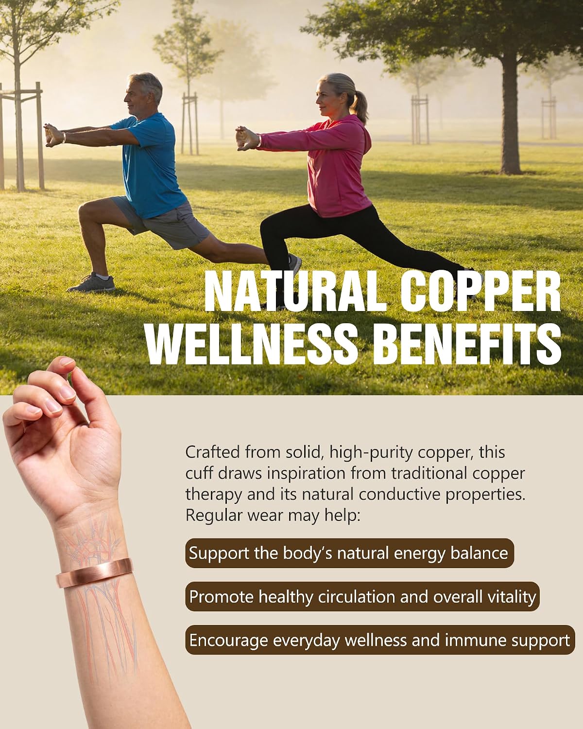 Jecanori Pure Copper Bracelet — 99.99% Real Solid Copper Bracelet for Men & Women, Adjustable Tibetan Cuff Bangle, Gift Box Included