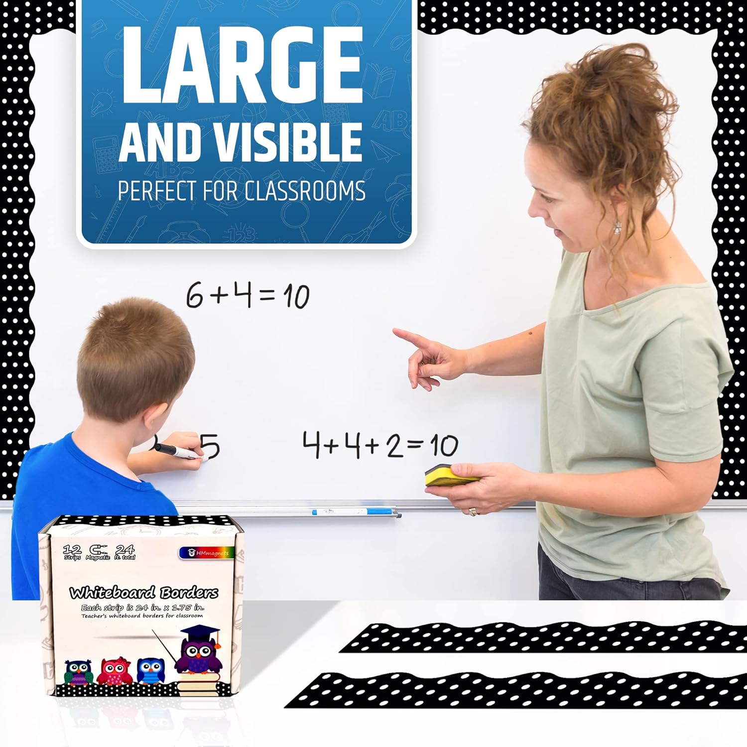 Strong & Wide Magnetic Borders for Classroom Whiteboard - Visible Magnetic Strips for Teachers (4 Designs Available) | Wavy Polka Dot - Black | 12 Strips of 24X1.75 Inch - 24 Feet Total