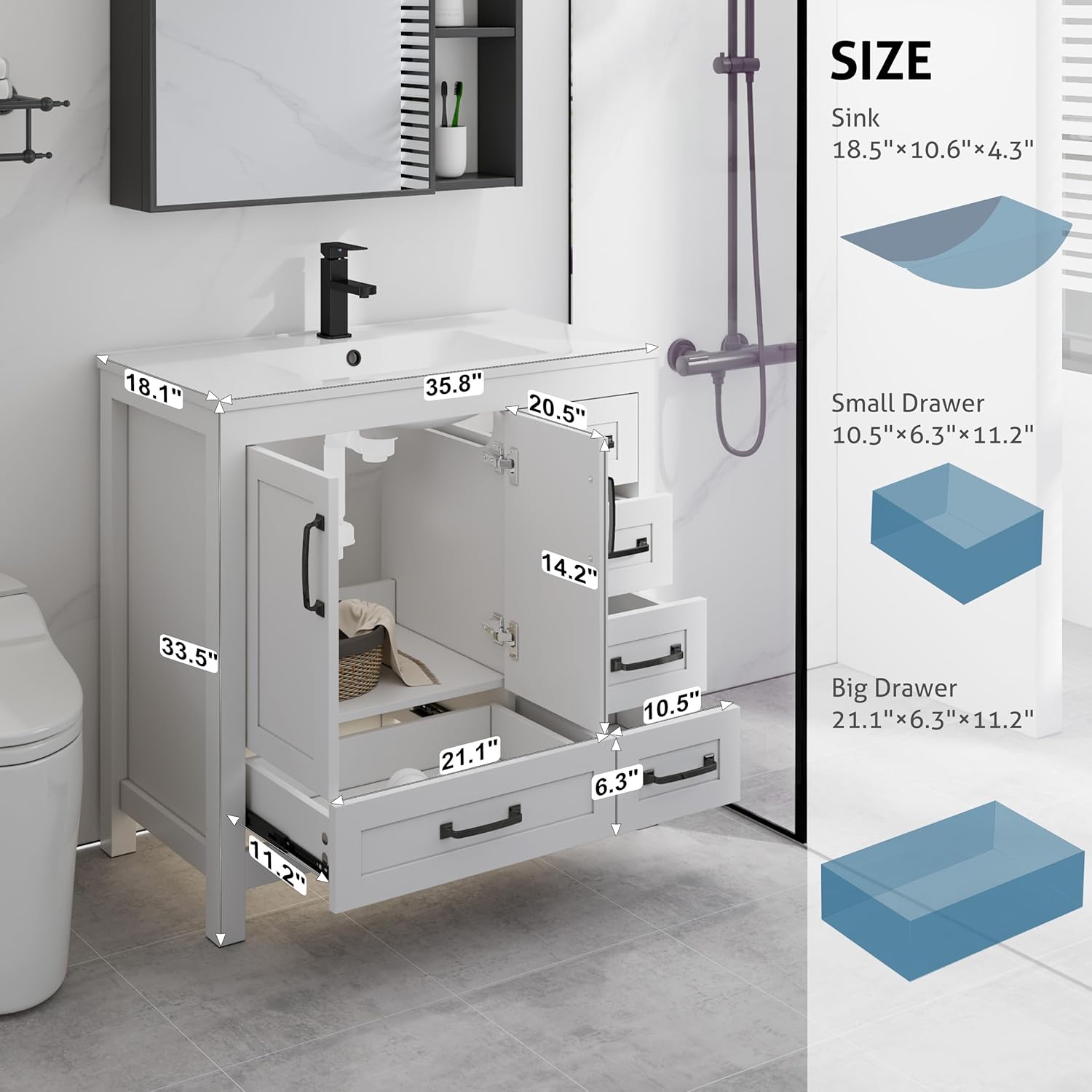 LUCKWIND 36" Bathroom Vanity and Sink Combos, Modern Bathroom Storage Cabinet with Large Sink, Matte Black Faucet and 5 Drawers, Mirror is NOT Included, White