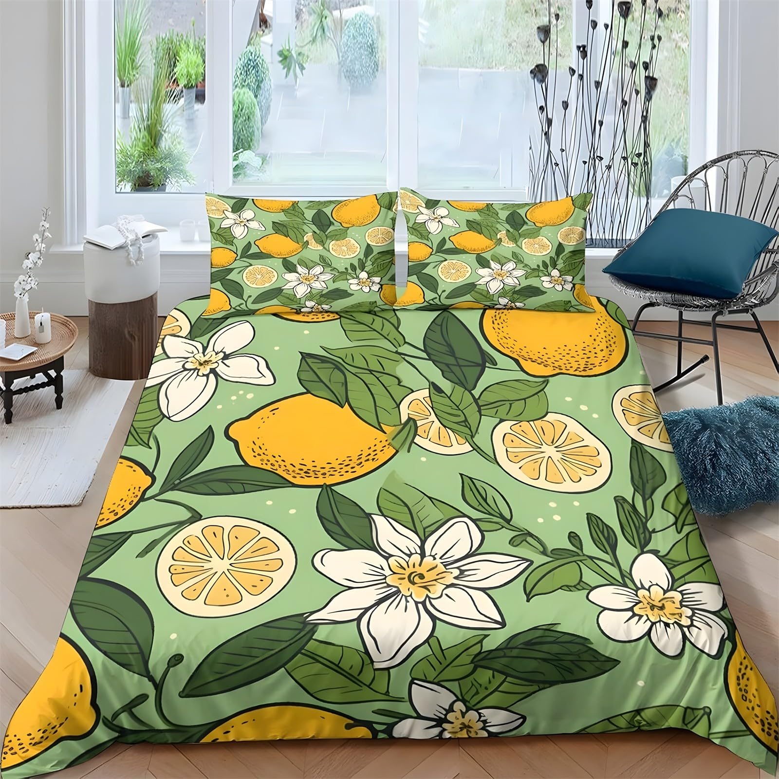 Ypthriline Small Single Duvet Cover Set Lemon Bedding Set Microfiber Floral Duvet Covers with Pillowcases Reversible Bedding With Zipper Closure 120x150CM