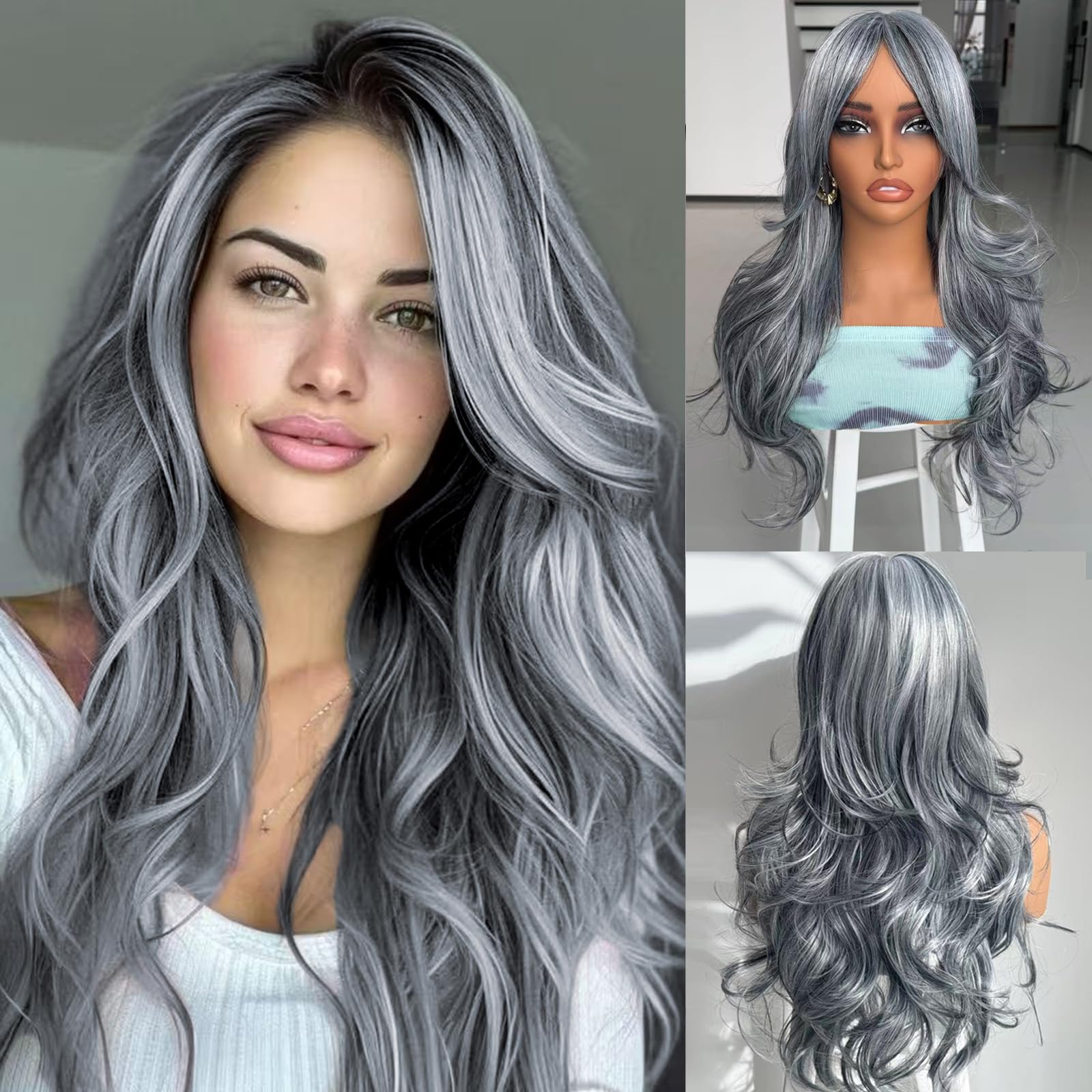 Jolelyne Silver Gray Ombre Highlight Wigs Layered Wavy Wig with Curtain Bangs for White Black Women Light Grey Body Wave Natural wavy Long Hair for