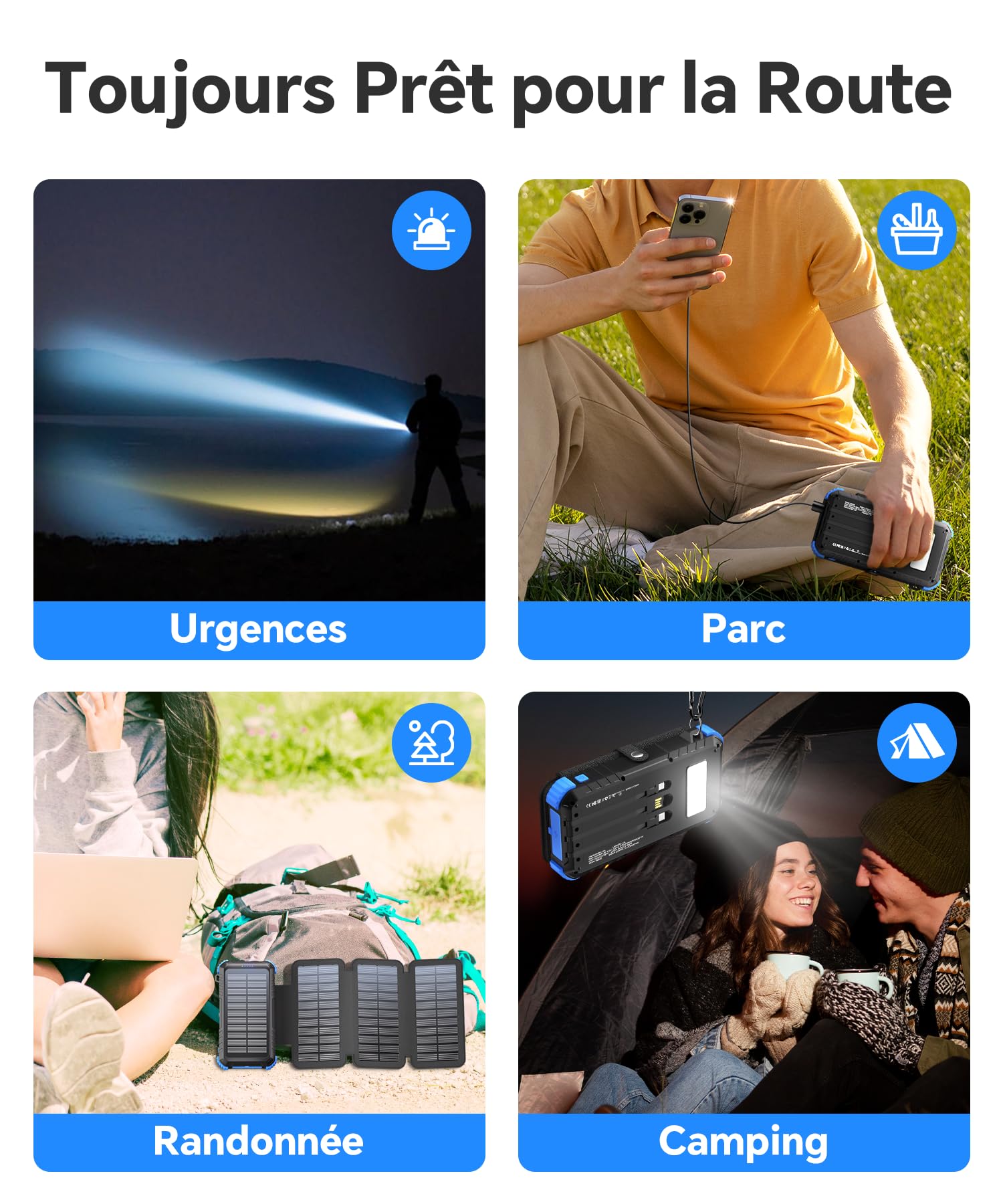 Chargeur Solaire 20000mAh avec 4 Panneaux Solaires, USB C 15 W Charge Rapide, 5 Sorties et 3 Câbles, Batterie Externe Solaire pour l'extérieur avec Mousqueton et Lampes de Poche pour Téléphones