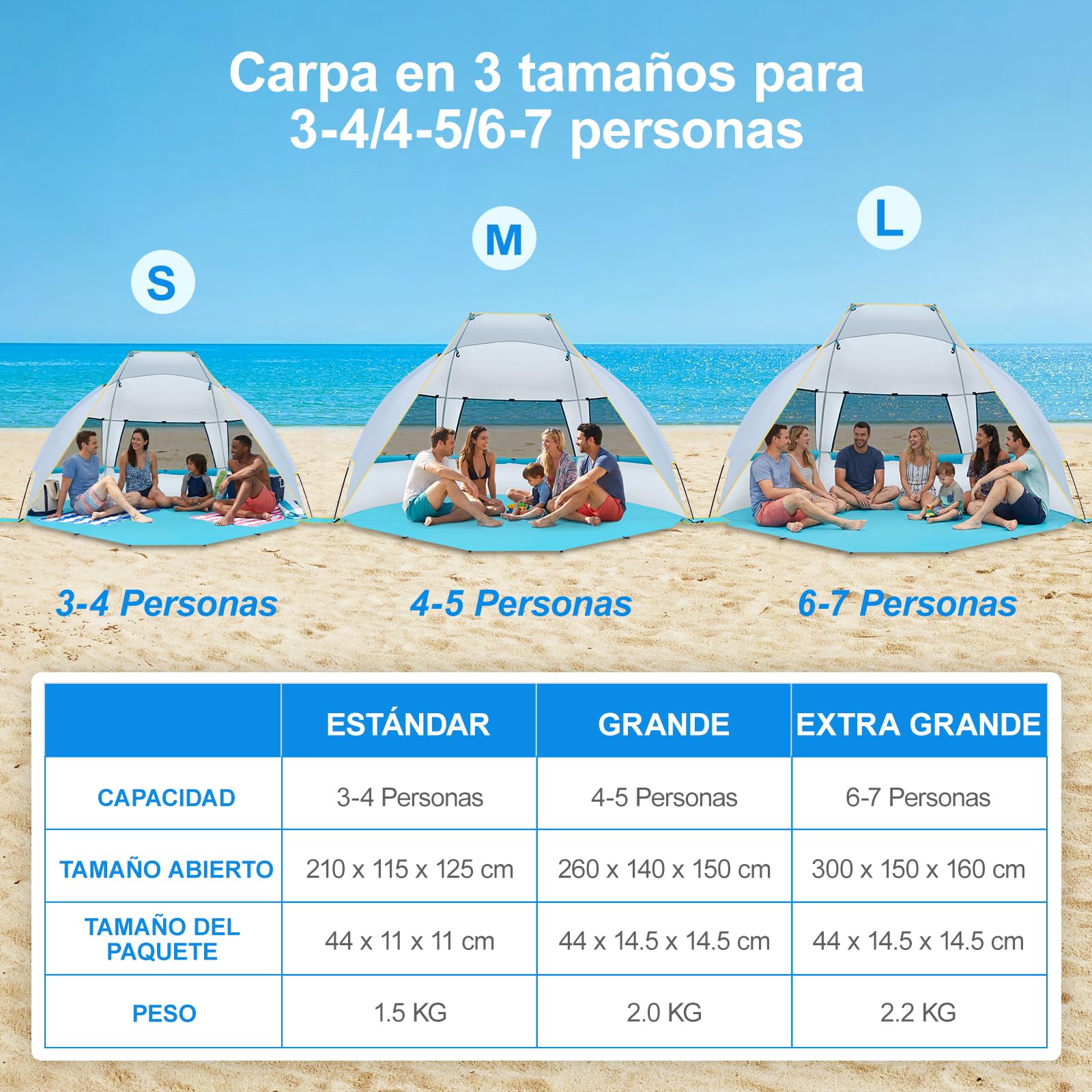 WolfWise Tienda de Playa Portátil para 3 Personas, Sombrilla UPF 50+, con Suelo Extensible