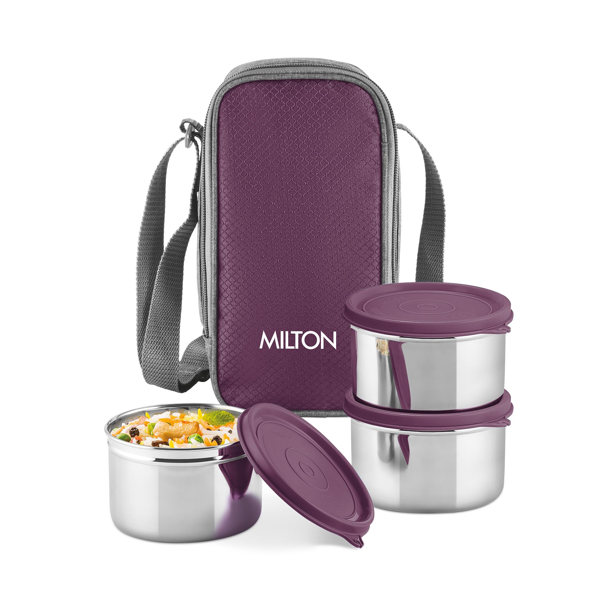 MILTON Stack Pack 3 Stainless Steel Lunch Box (3 X 500 ml containers) with Jacket, Leak Proof, Food Grade, Lightweight, Odour Proof, 1 Year Warranty, Ideal for Office, School, Travel, Purple-image-16