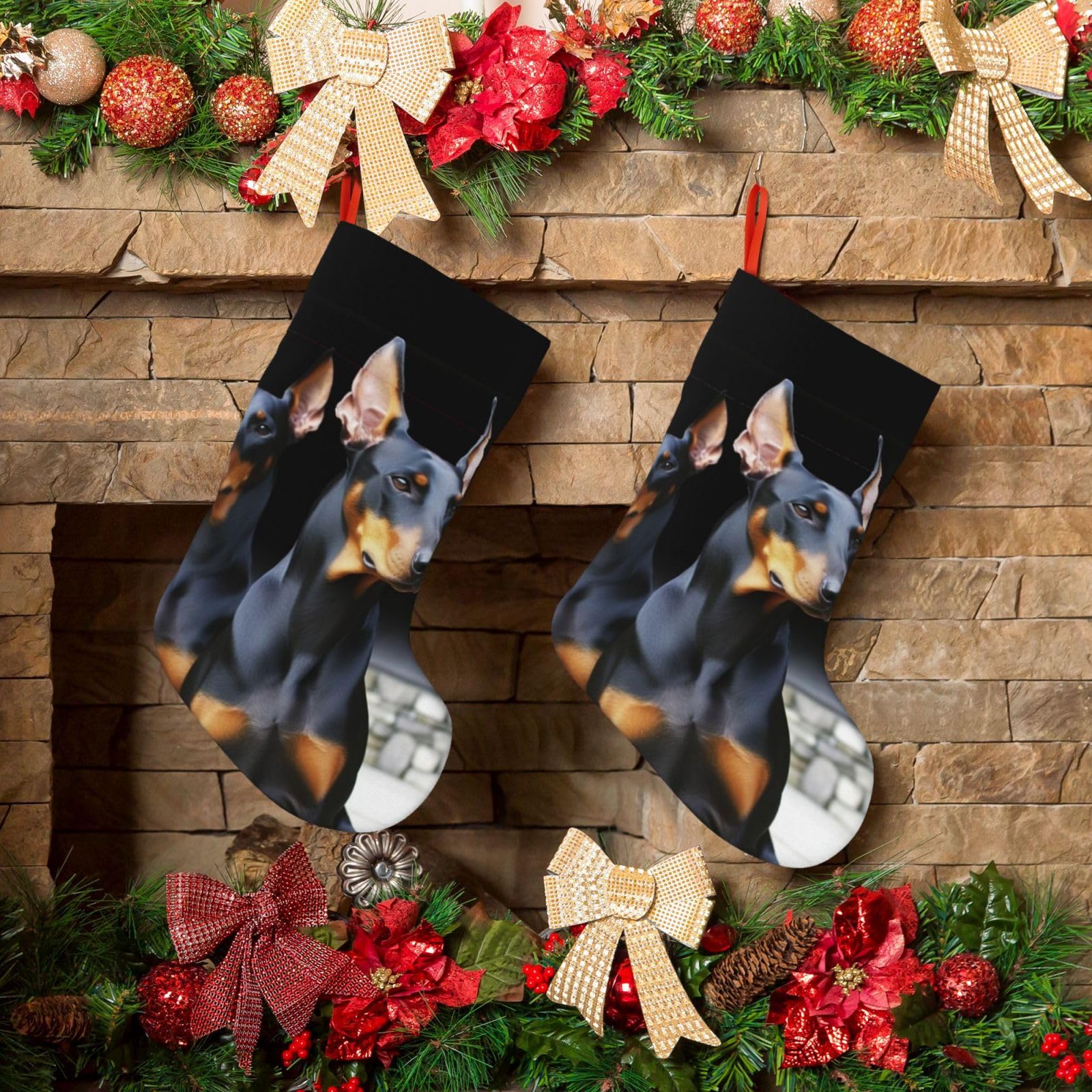 KLOPH Christmas Stockings 18" Personalized Xmas Stocking Doberman Decoration Stocking Hanging Fireplace Stocking for Holiday Xmas Tree Christmas Fireplace Decor