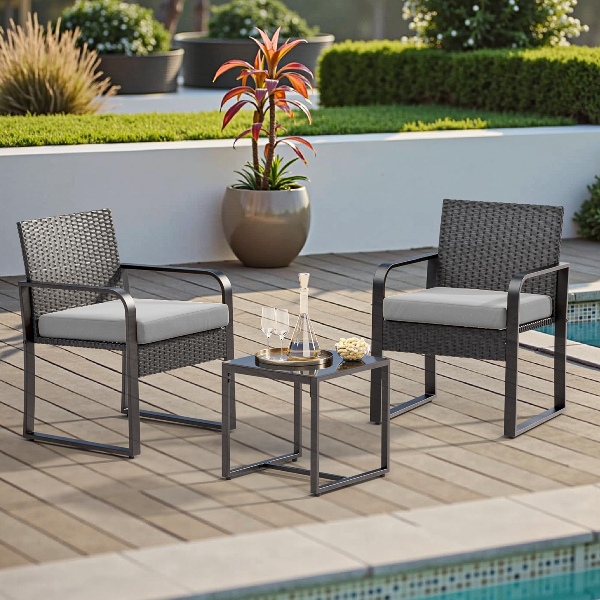 Bealife Juego de Muebles de jardín de ratán para 2 Personas, pequeño balcón al Aire Libre, Muebles de jardín para porches, Patios, terrazas, Balcones, Bordes de Piscina (Gris)