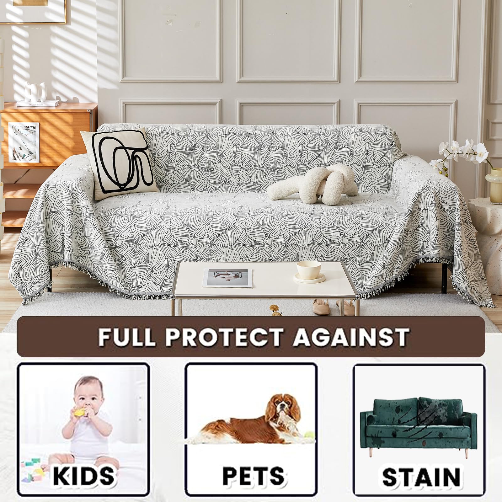 Housse Jeté De Canapé éPaisse 1 2 3 4 Places Serviette De Canapé Chenille Couverture De Canapé Monobloc Chat Rebelle Couvre Protege De Canapé pour Chaise Et Lit, Lavable(180X420cm,White)