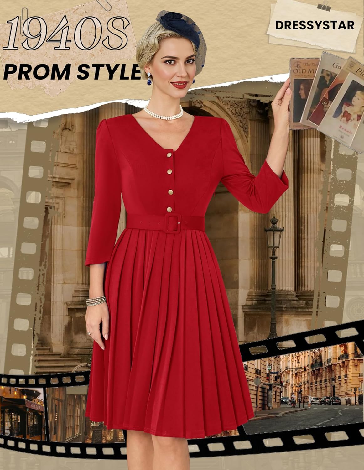 Dressystar Women's 1950s Vintage Long Sleeve Cocktail Party Dress Retro V Neck Belted Midi Rockabilly Prom Dresses - Image 4