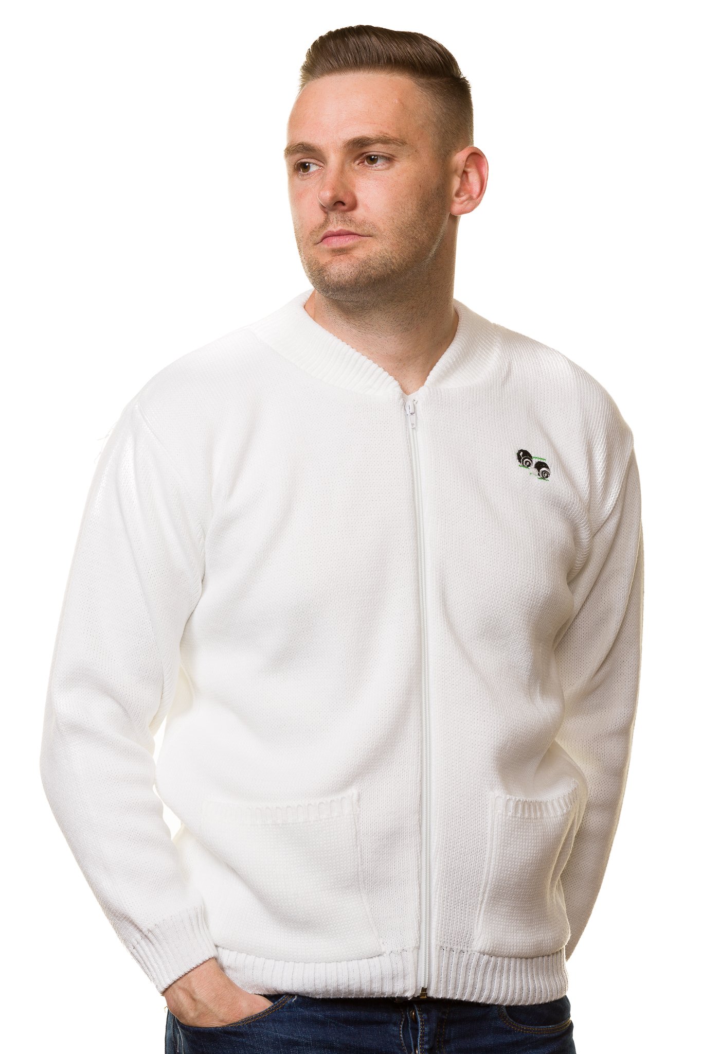 Bay eCom UK Men's White Ribbed Crew Neck Cardigan