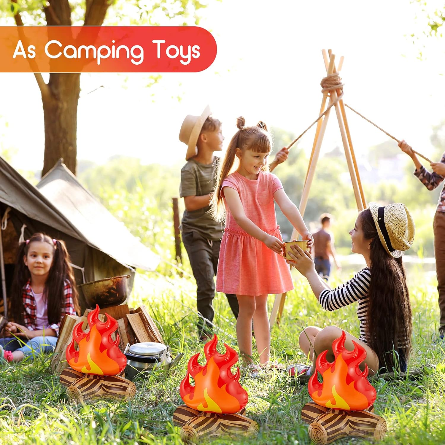 Sumind 4 Pieces of 12 Inch Inflatable Campfire Props Fake Camping Party Campfire Party Scene Decoration, Indoor and Outdoor Camping Game Props Fire Inflatable for Boys Firewood Toys