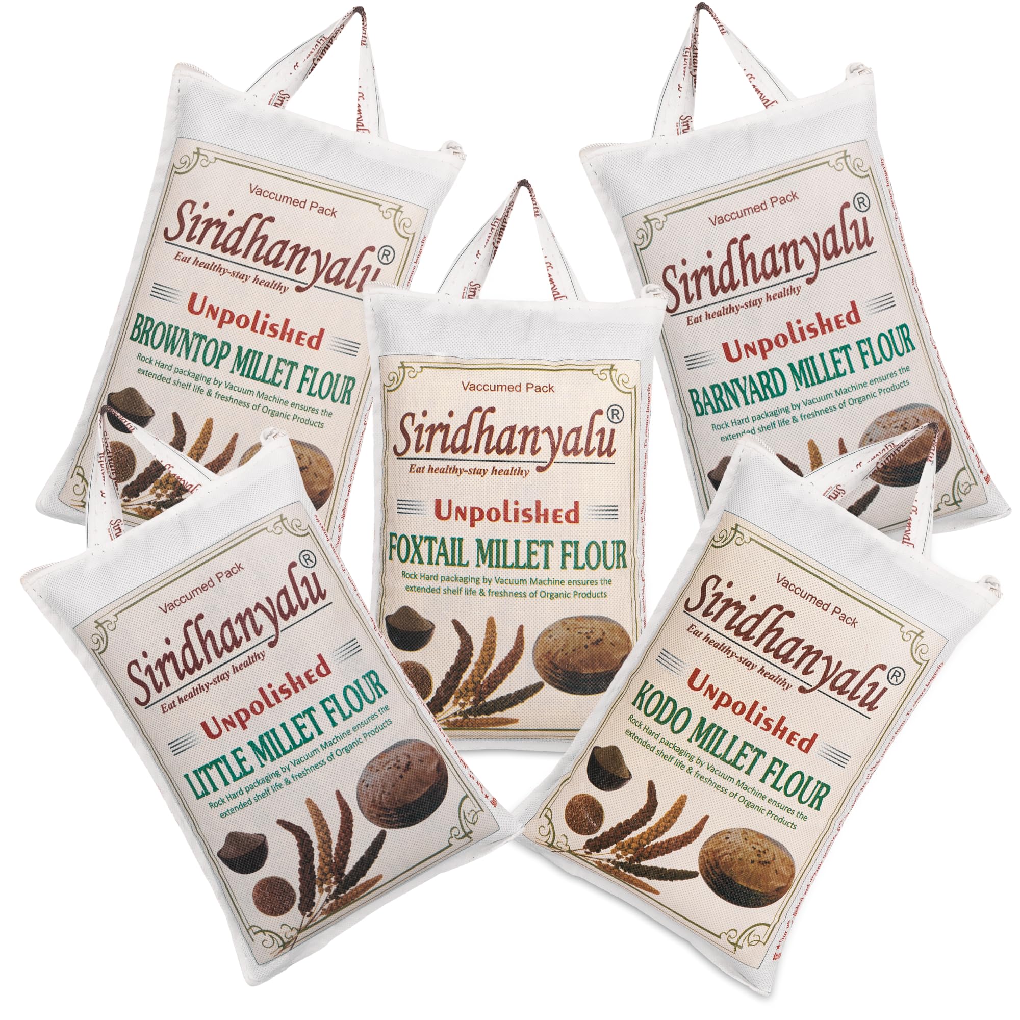 siridhanyalu Unpolished & Organic Millet Flour Combo - Kodo, Little, Foxtail, Browntop, Barnyard Millets Atta (Powder) Pack of 5 Nwt. (4600) Gwt. 5000 Gm New Tech Rock-Hard Vacuumed Pack