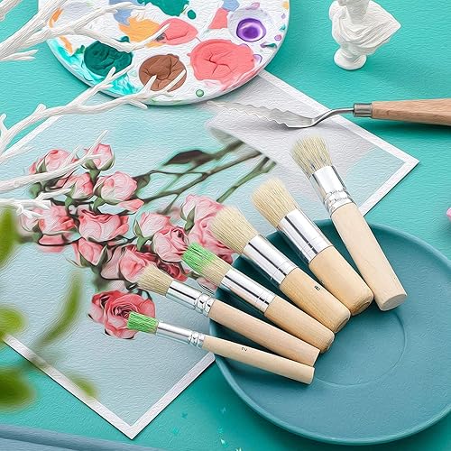 Miniatura 6 de Juego de 6 pinceles de madera para plantillas de cerdas de varios tamaños, pinceles de pintura de mango de madera, pinceles para pintura de acuarela