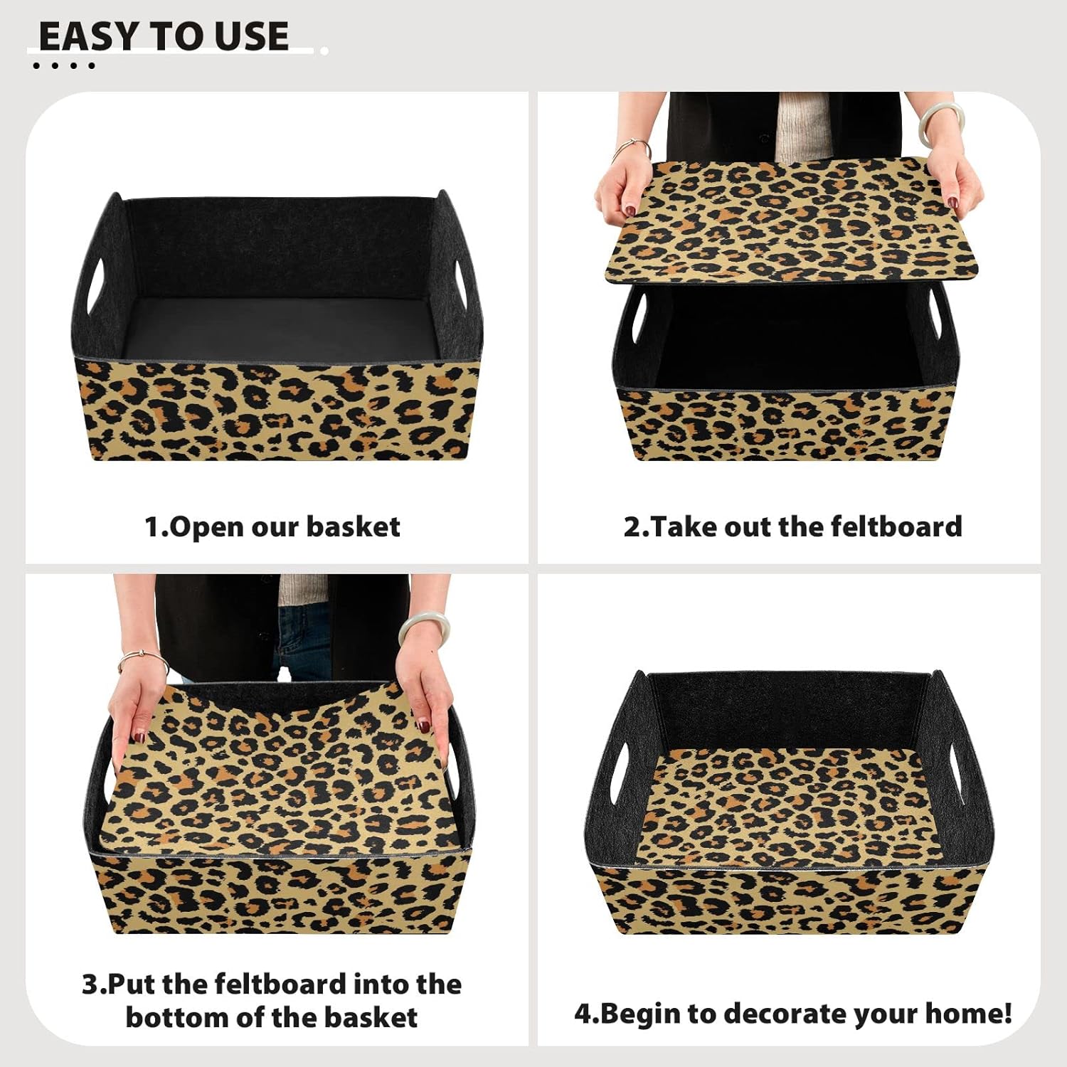 CaTaKu Foldable Storage Basket Leopard Pattern Collapsible Felt Storage Bins with Handle Drawer Organizer Bin Cube Shelf Box for Organizing Closet Clothes Office Books Bedroom