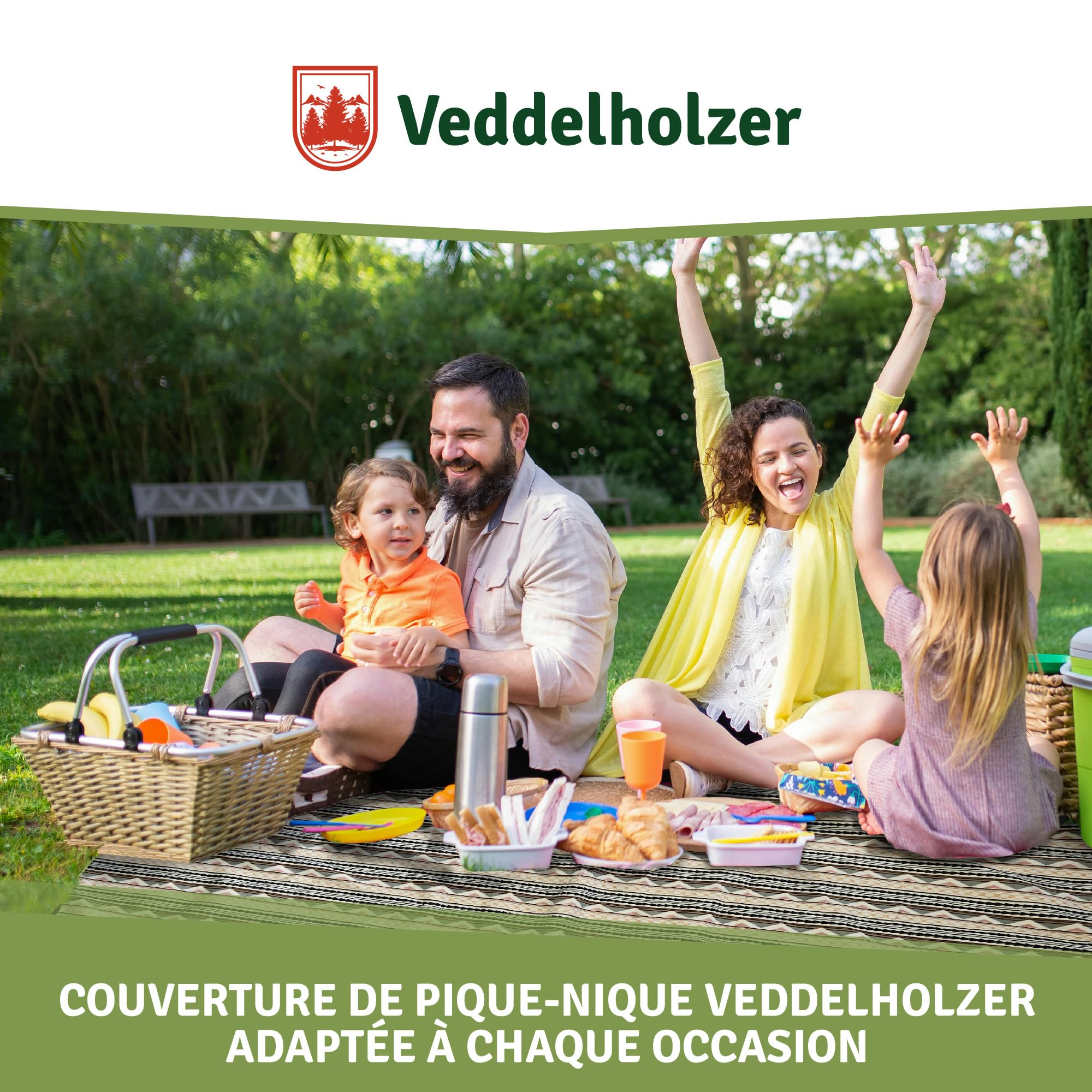 Veddelholzer 200 x 200 cm Couverture de Pique-Nique Boho imperméable, résistante au Sable Couverture de Plage XXL isolée & rembourrée Idéale pour l'extérieur, Camping, Plage, Parc, Festival